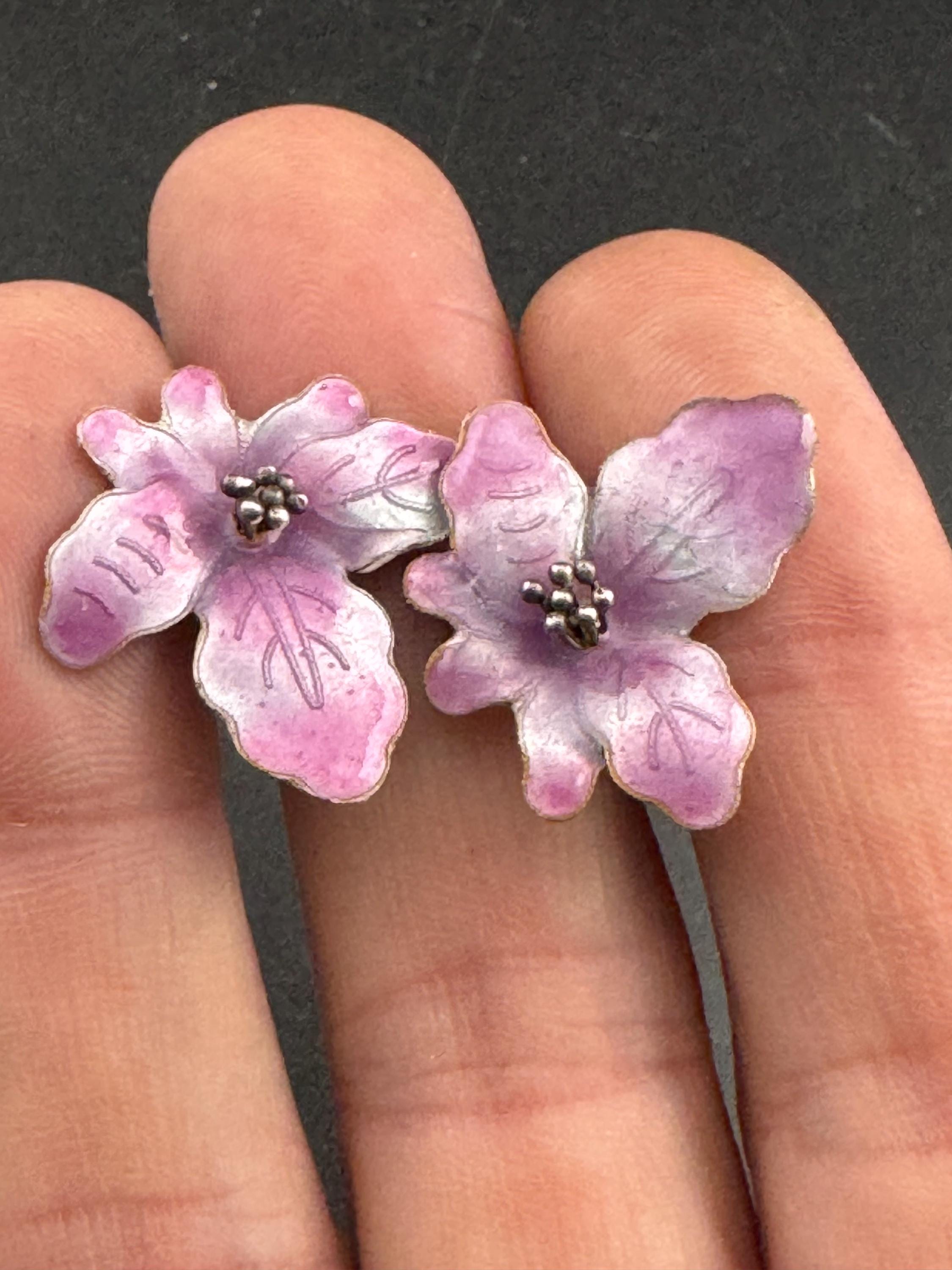 Purple lilac enamel 925 Sterling silver floral earrings