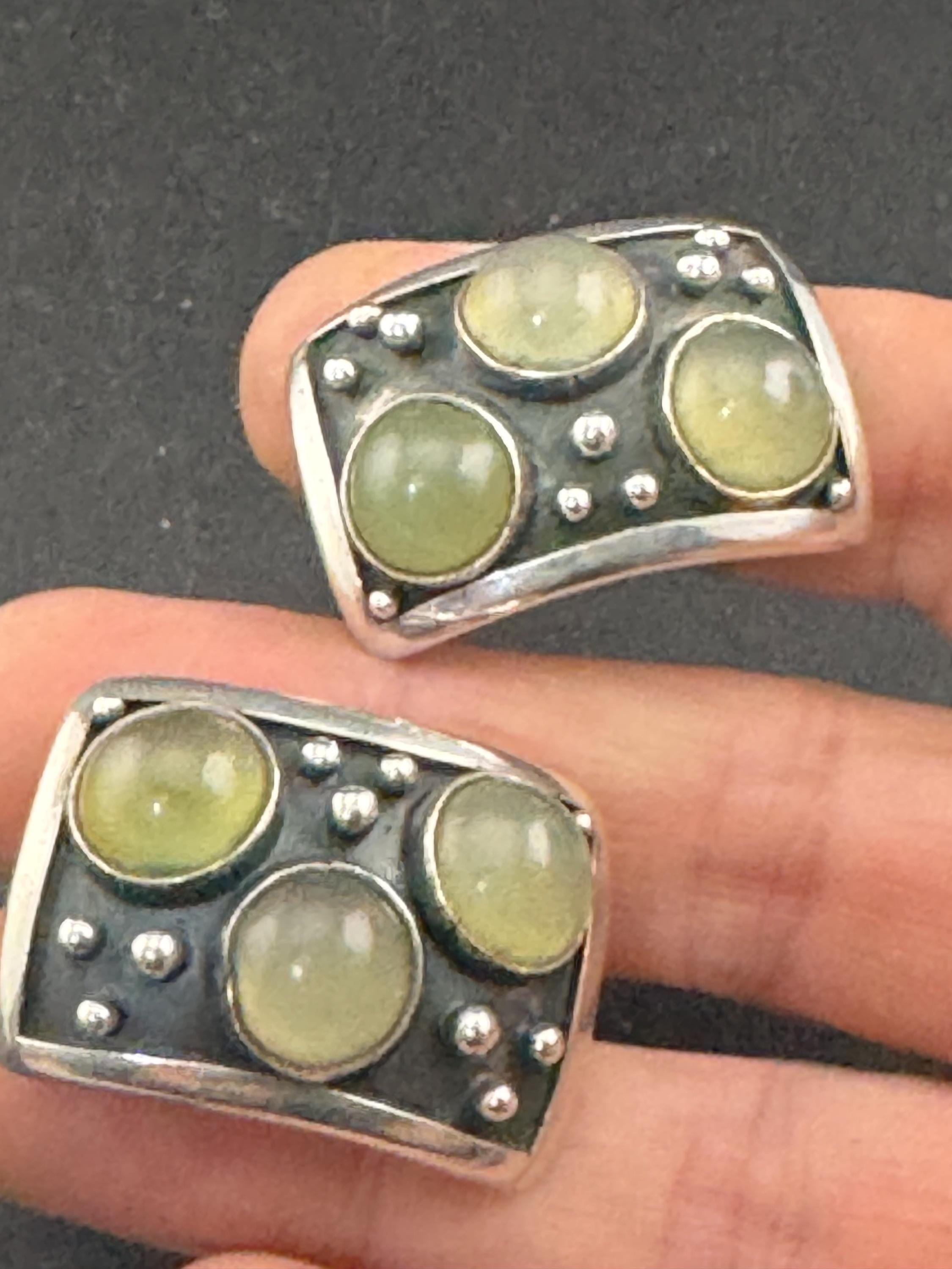 Oversized artisan rectangular pierced stud earrings, 925 sterling silver green gemstones