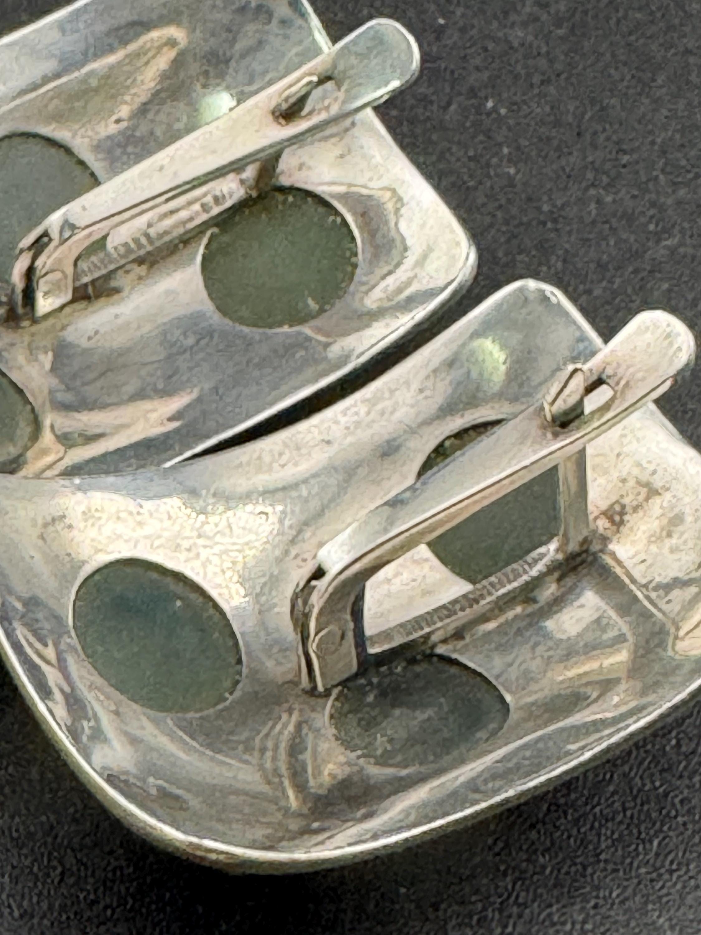 Oversized artisan rectangular pierced stud earrings, 925 sterling silver green gemstones