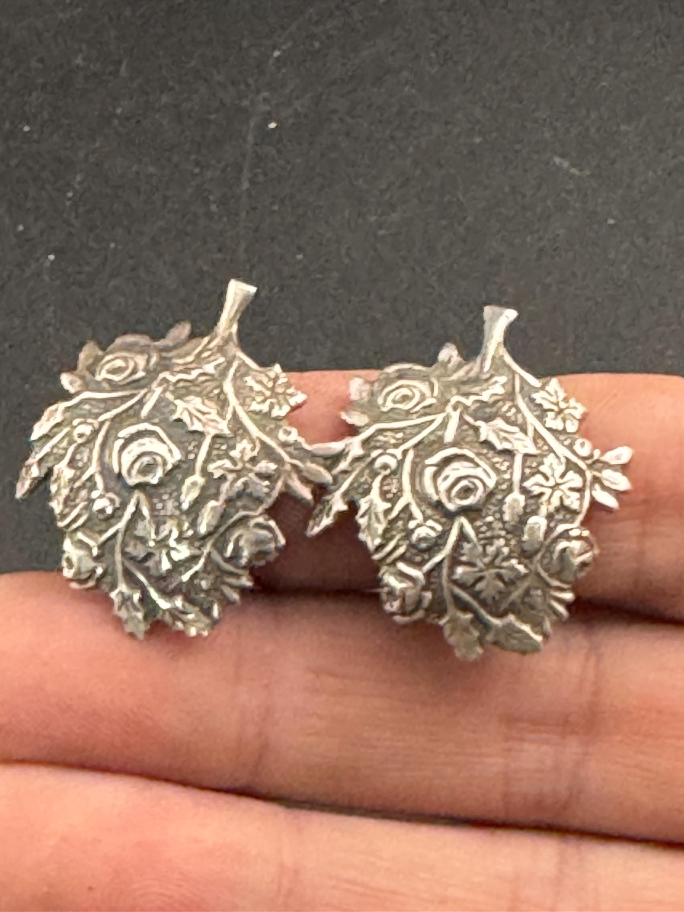 Vintage Mari Lou 925 floral rose earrings, sterling silver clip on studs