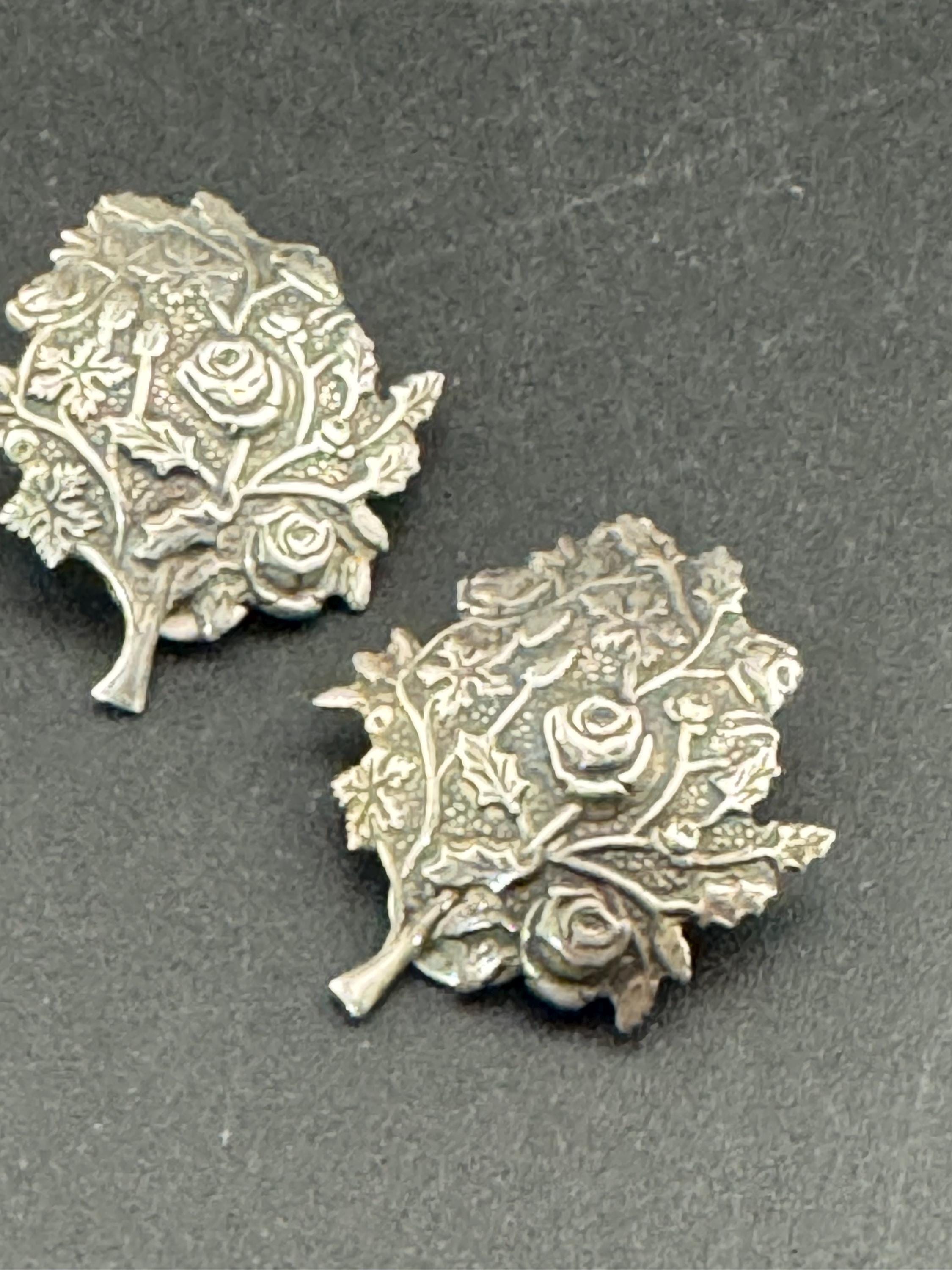 Vintage Mari Lou 925 floral rose earrings, sterling silver clip on studs