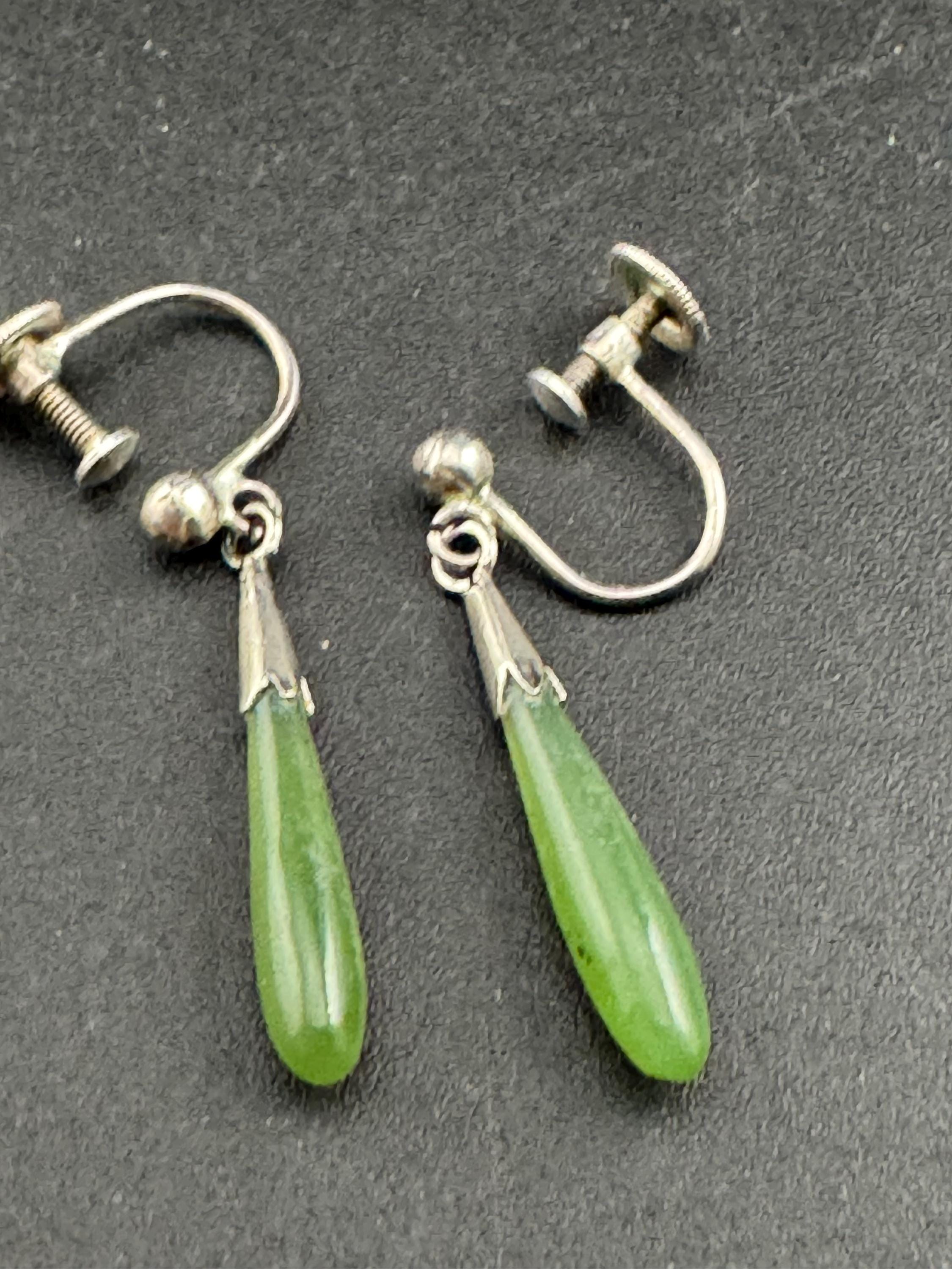 Antique green jade Teardrop Earrings: 1920s Screw Back Clip-Ons