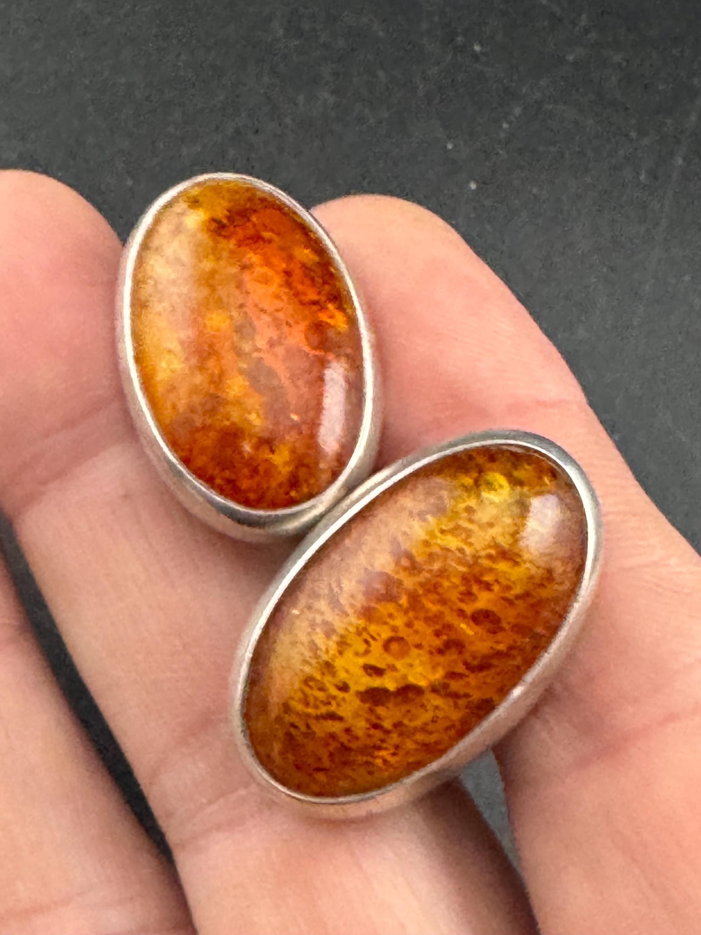 Vintage silver modernist amber gemstone oval clip on earrings, 3cm