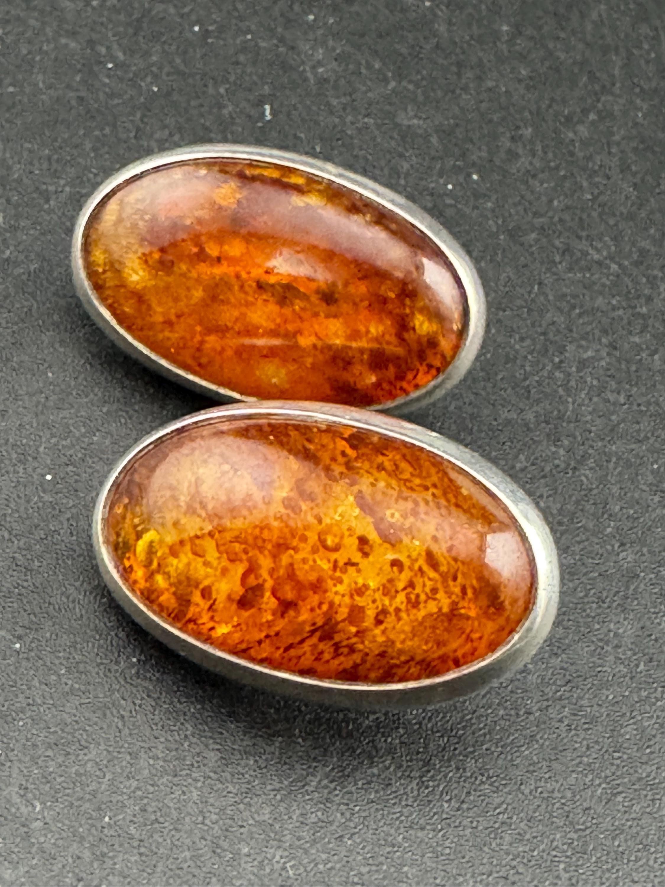 Vintage silver modernist amber gemstone oval clip on earrings, 3cm