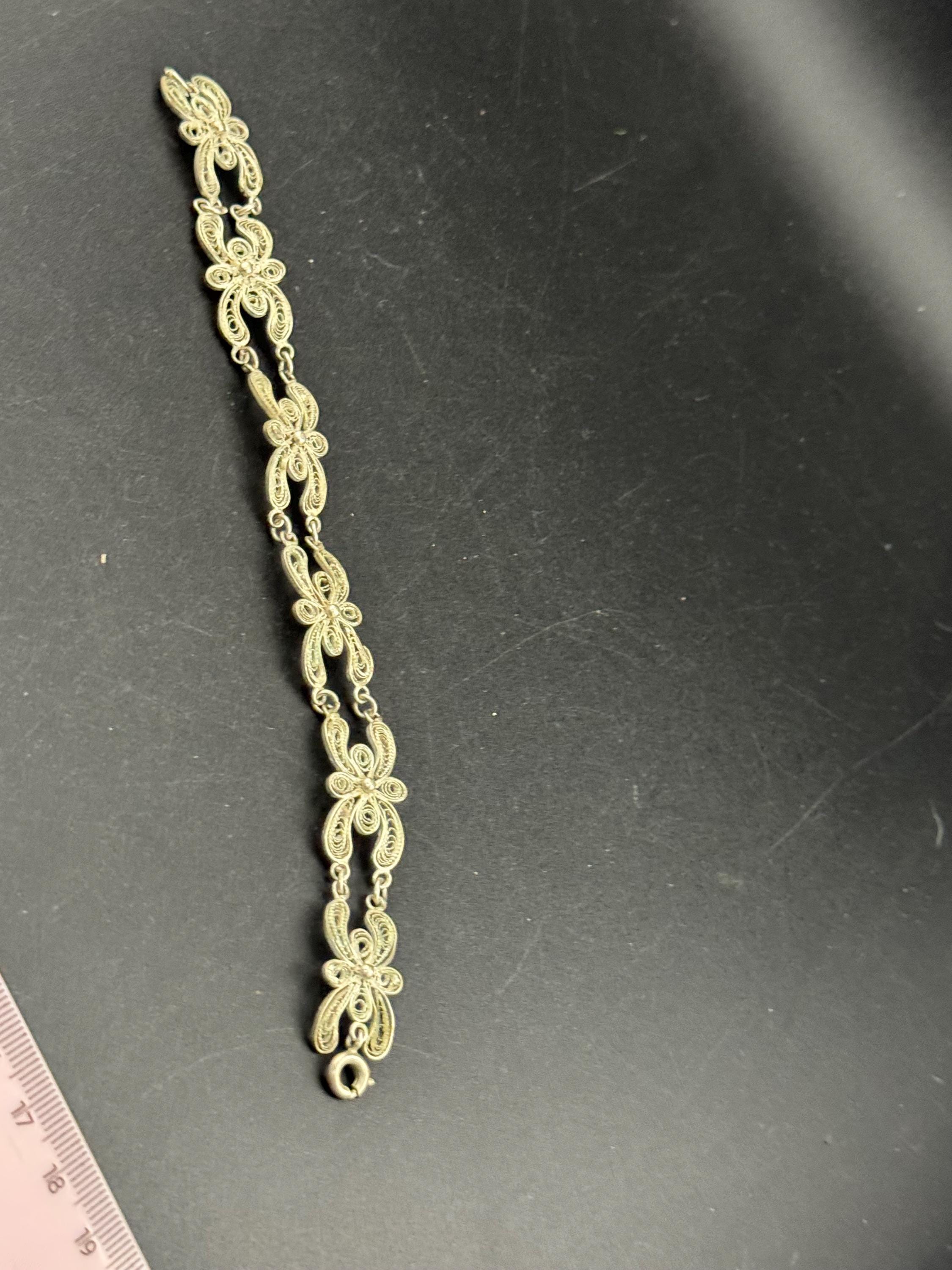 Antique vintage continental sterling silver panel link filigree bracelet.