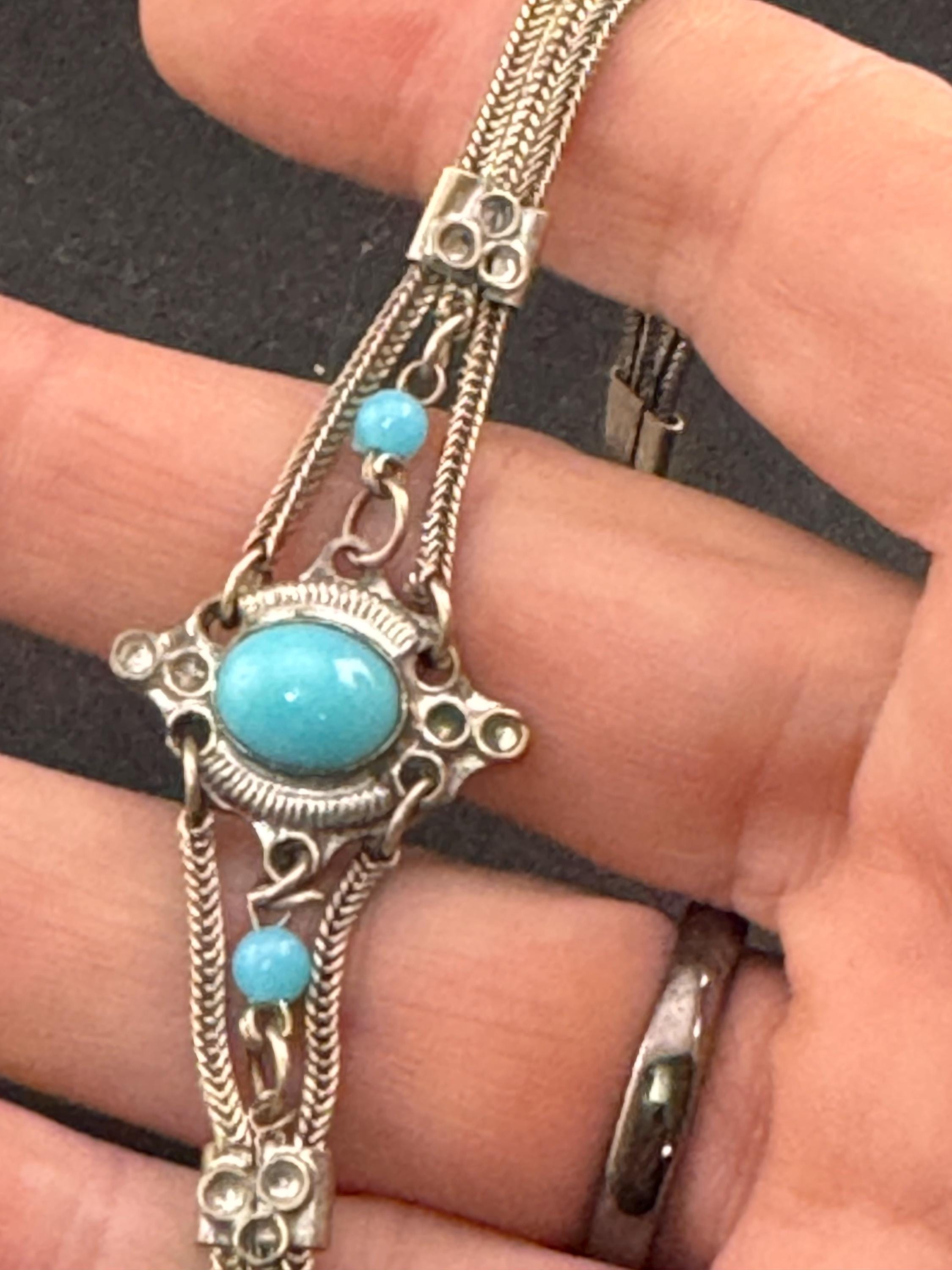 Vintage Indian 925 Silver Turquoise acrylic cabochon woven bracelet