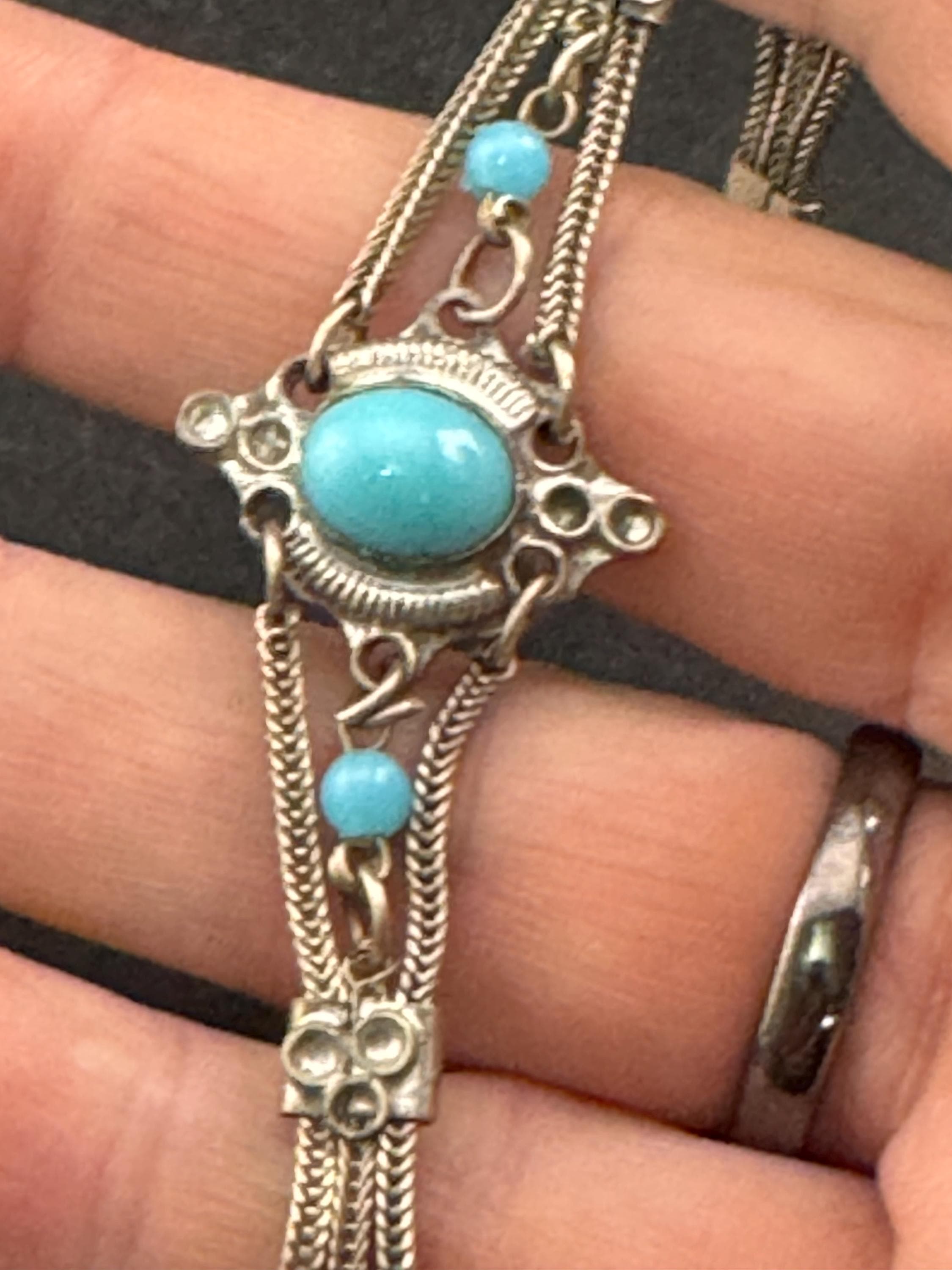 Vintage Indian 925 Silver Turquoise acrylic cabochon woven bracelet