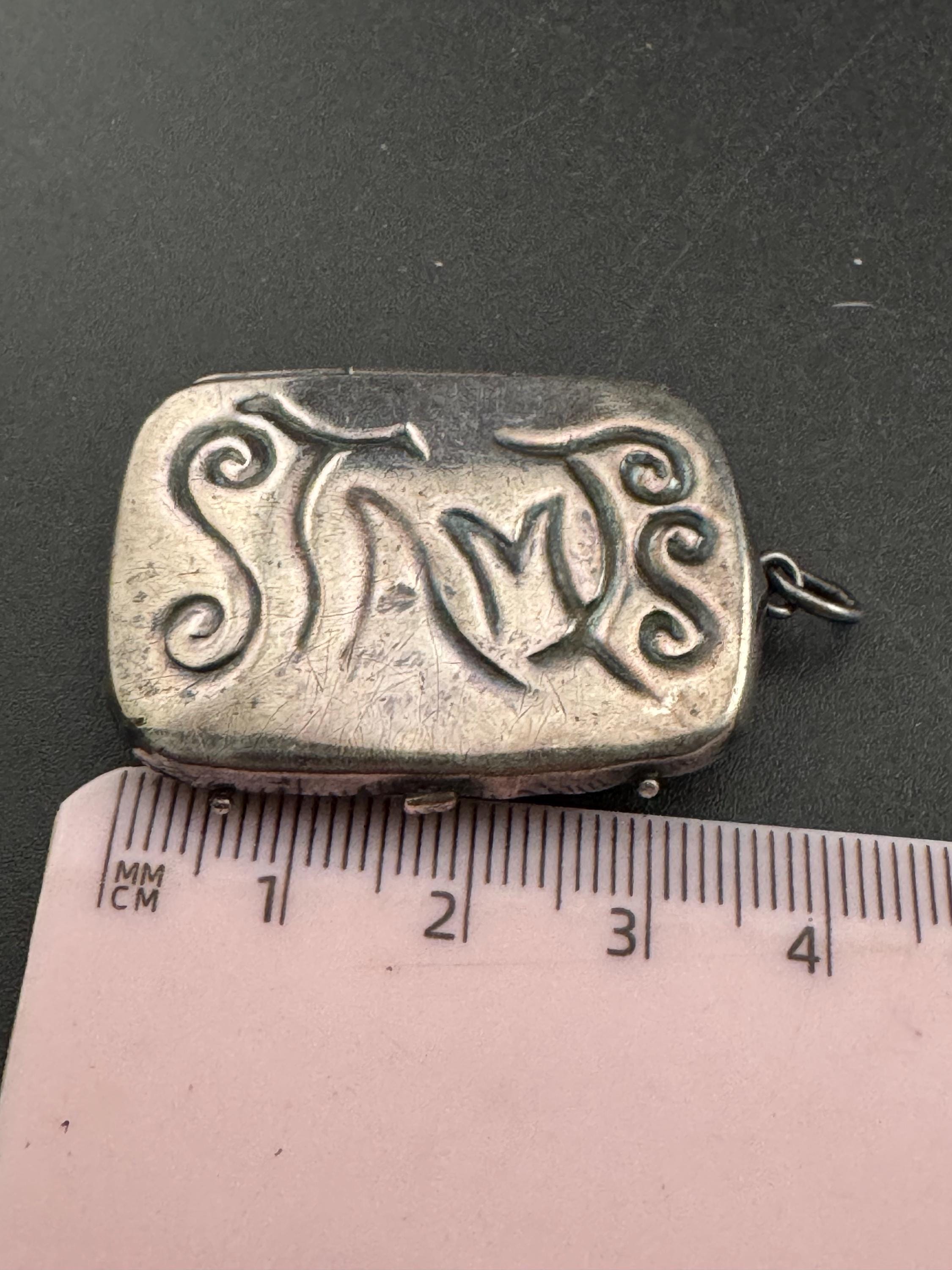 Vintage Silver Engraved Stamp case, Charm Pendant see description, stamped STERLING
