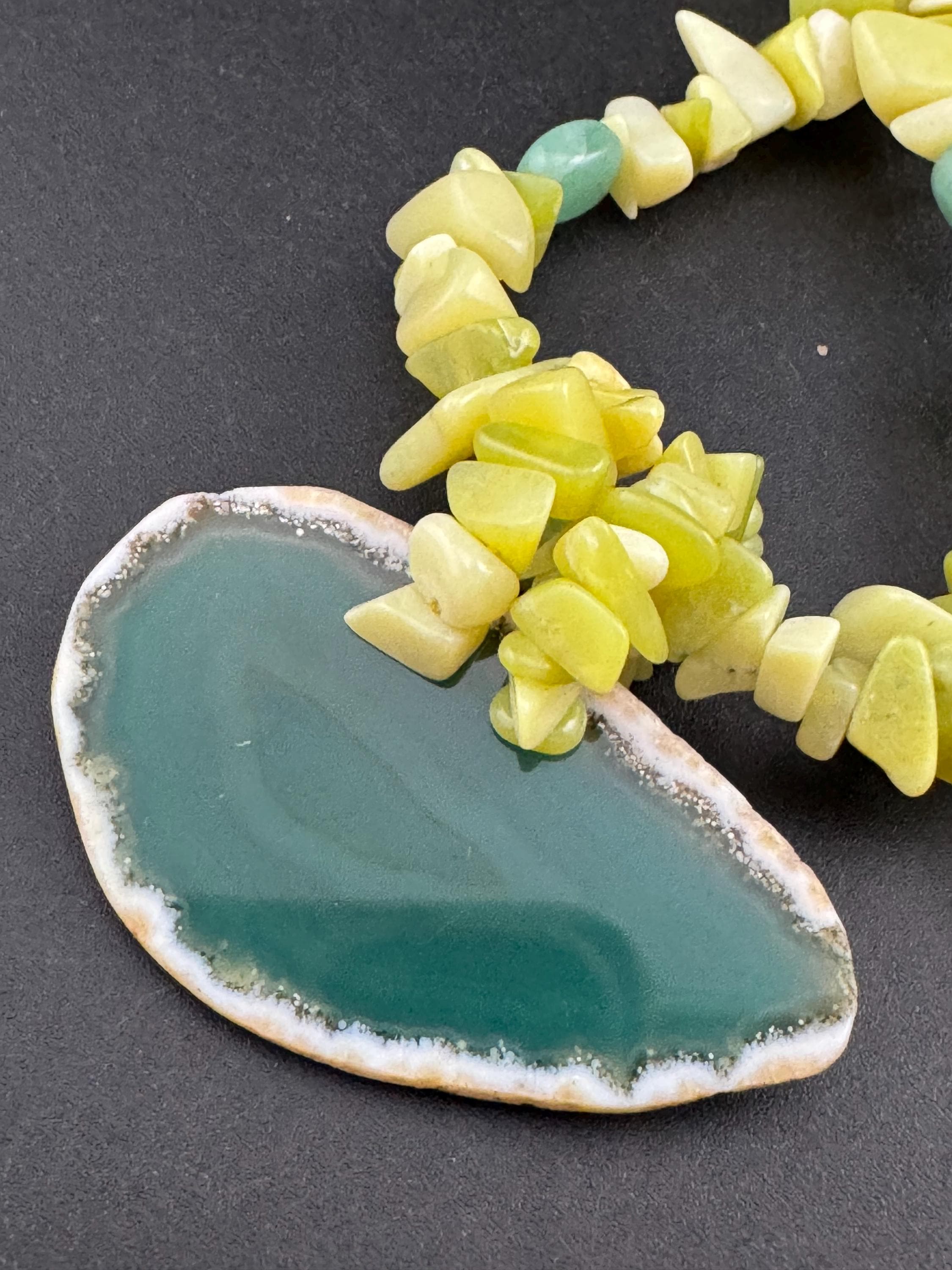 Green Agate slice long beaded gemstone Necklace: 925 Silver Clasp