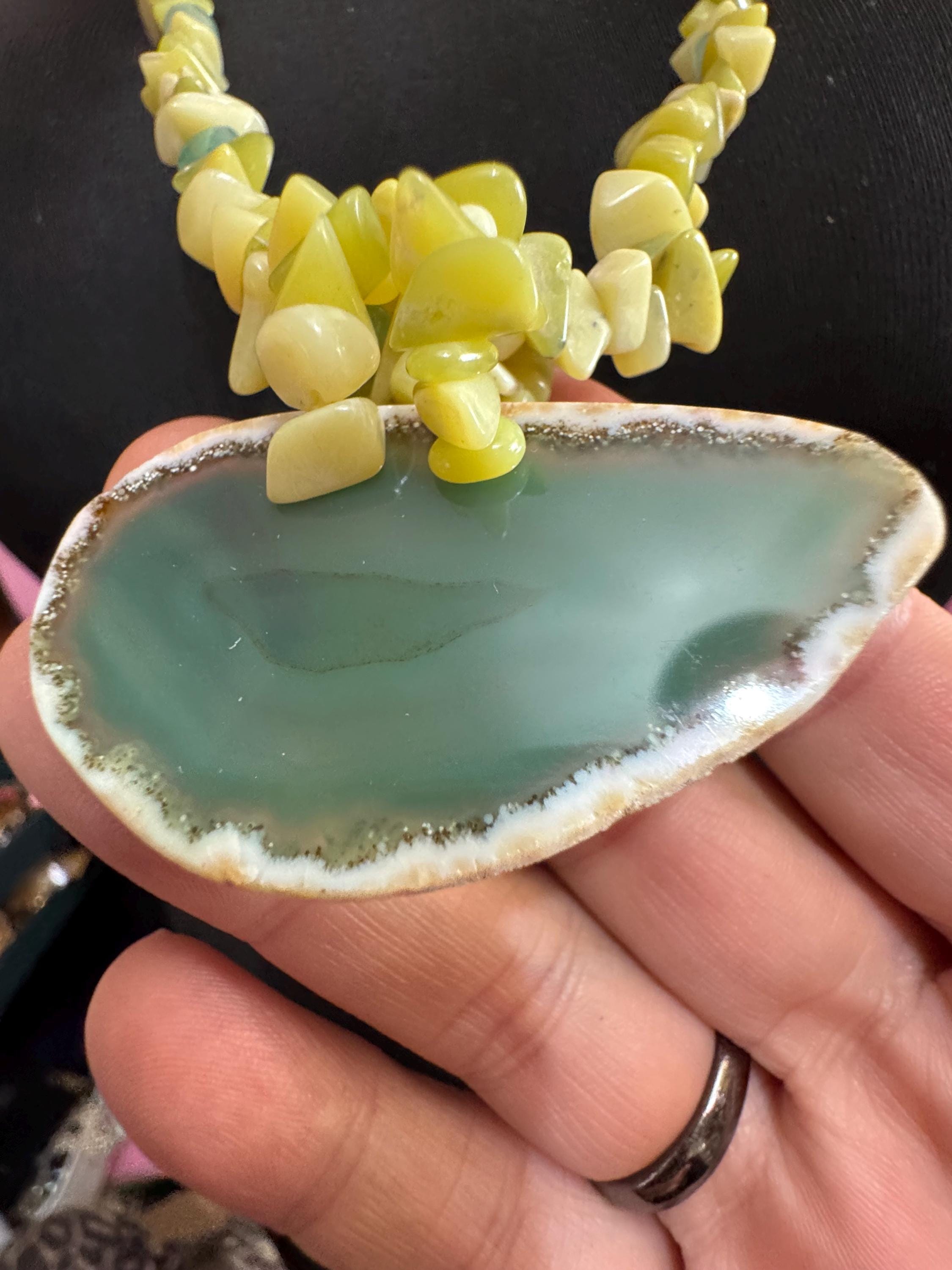 Green Agate slice long beaded gemstone Necklace: 925 Silver Clasp