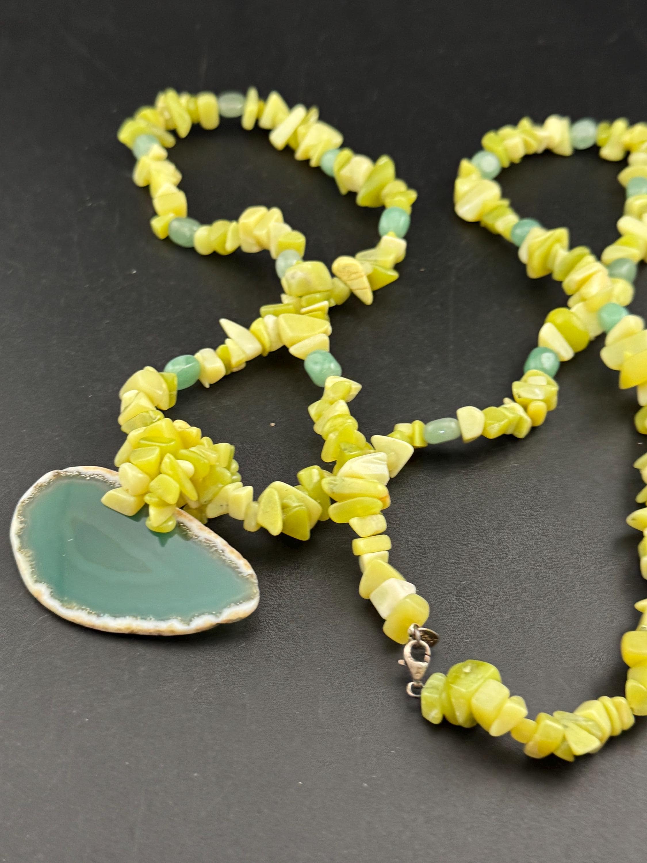 Green Agate slice long beaded gemstone Necklace: 925 Silver Clasp