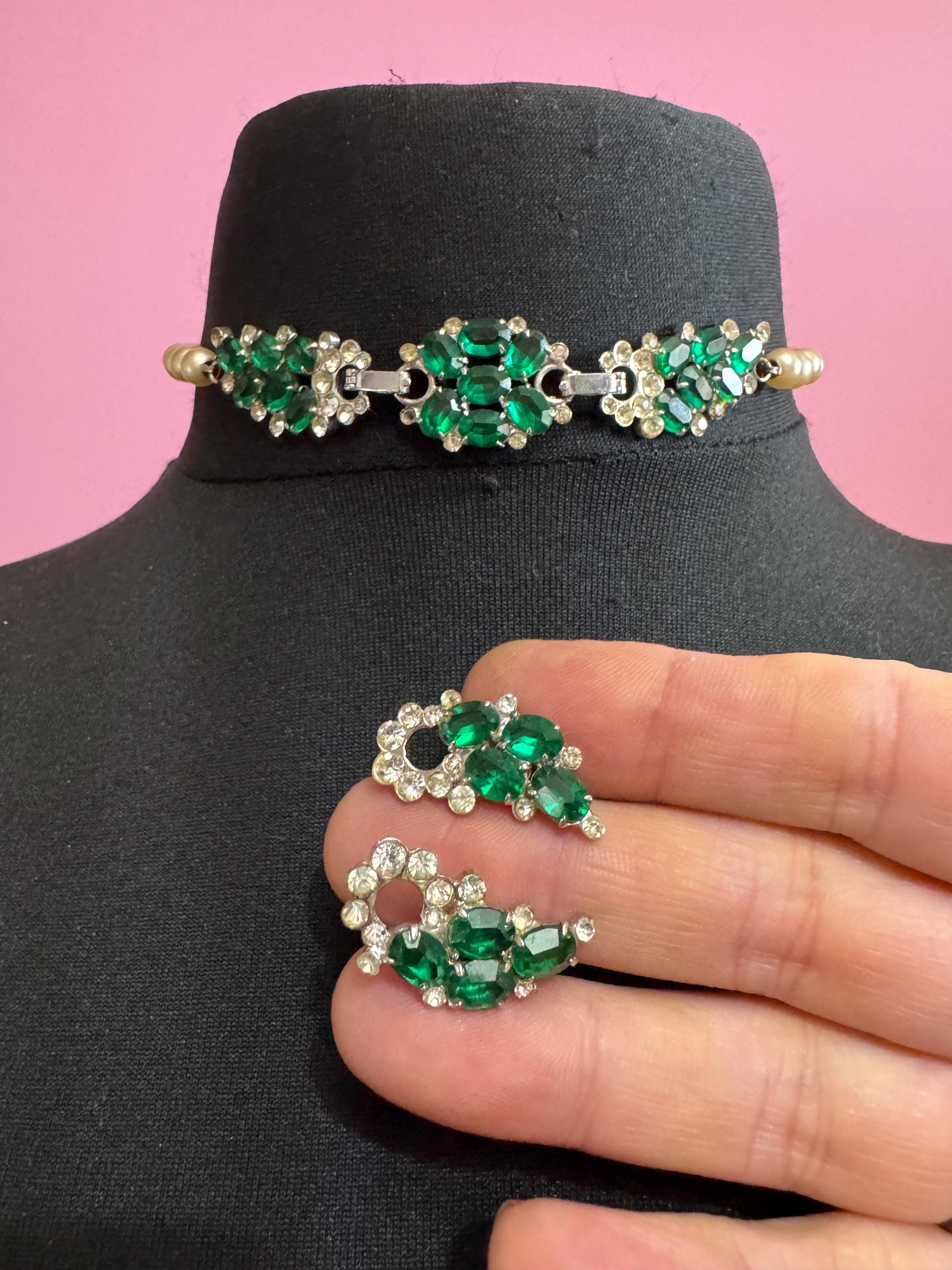 Vintage AVON Sterling Emerald Rhinestone Jewelry Set: Faux Pearl Choker & Earrings