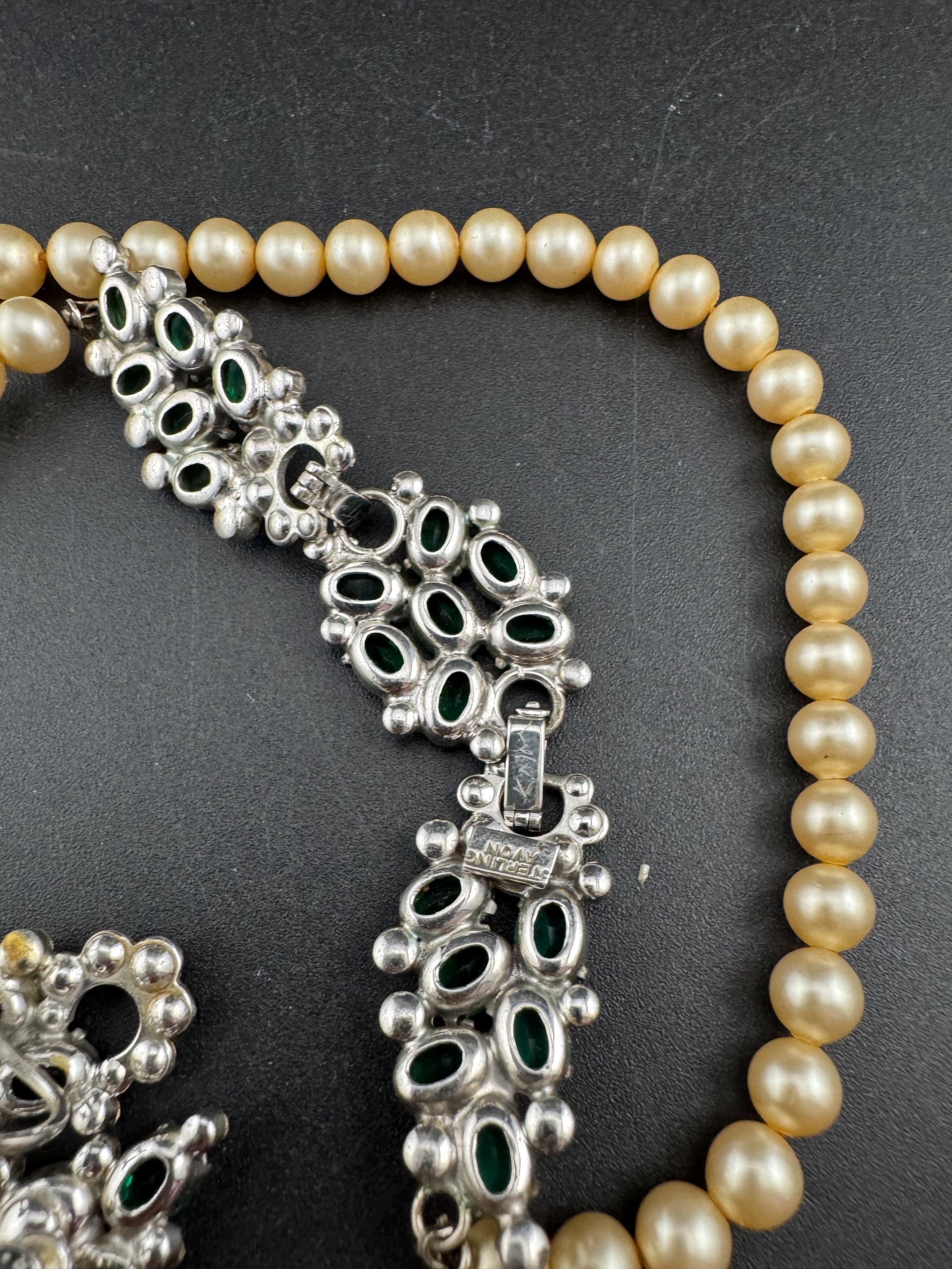 Vintage AVON Sterling Emerald Rhinestone Jewelry Set: Faux Pearl Choker & Earrings