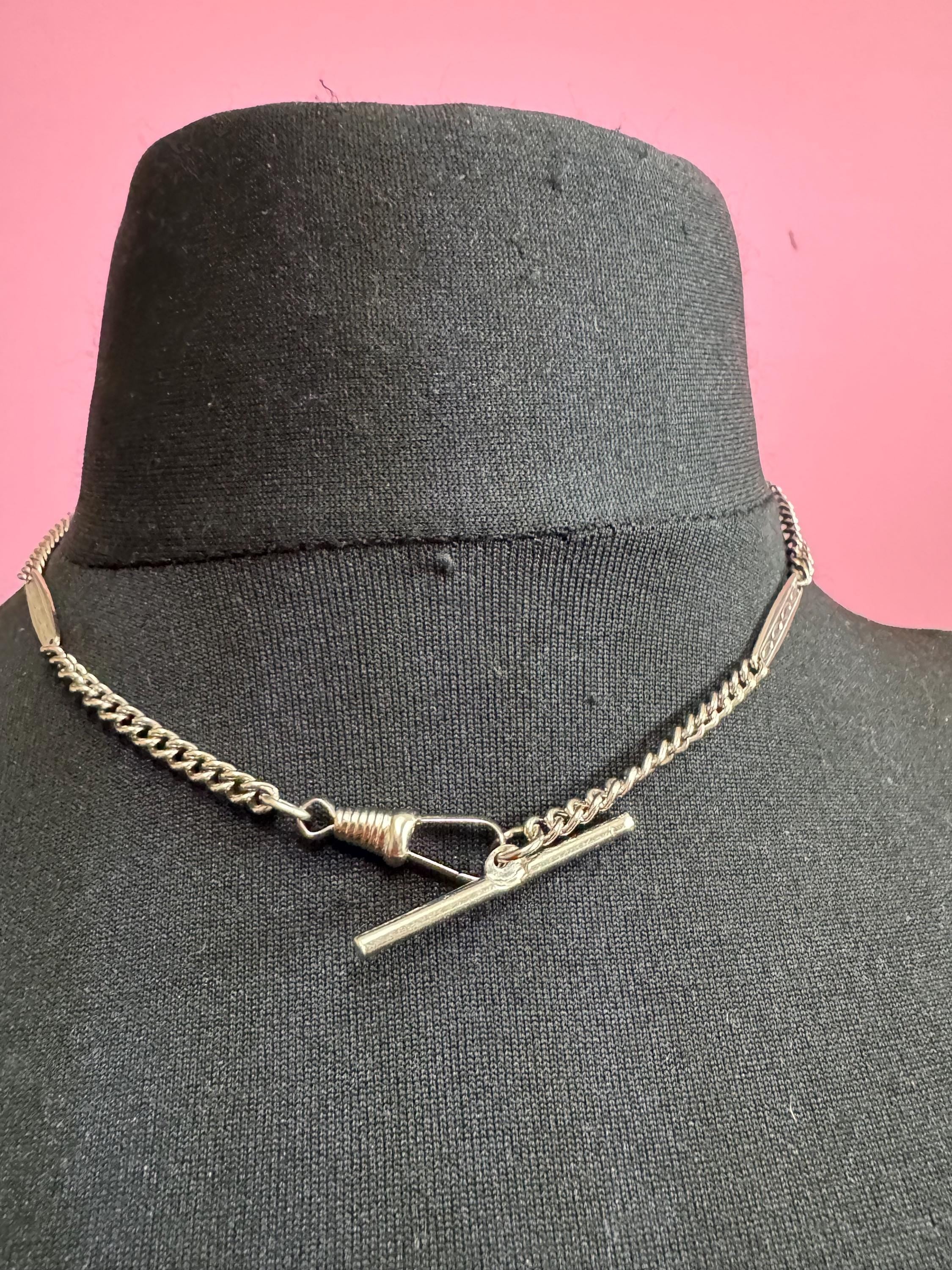 Art Deco Pocket Watch Chain T bar and necklace : Silver Metal machine age, 43.5cm