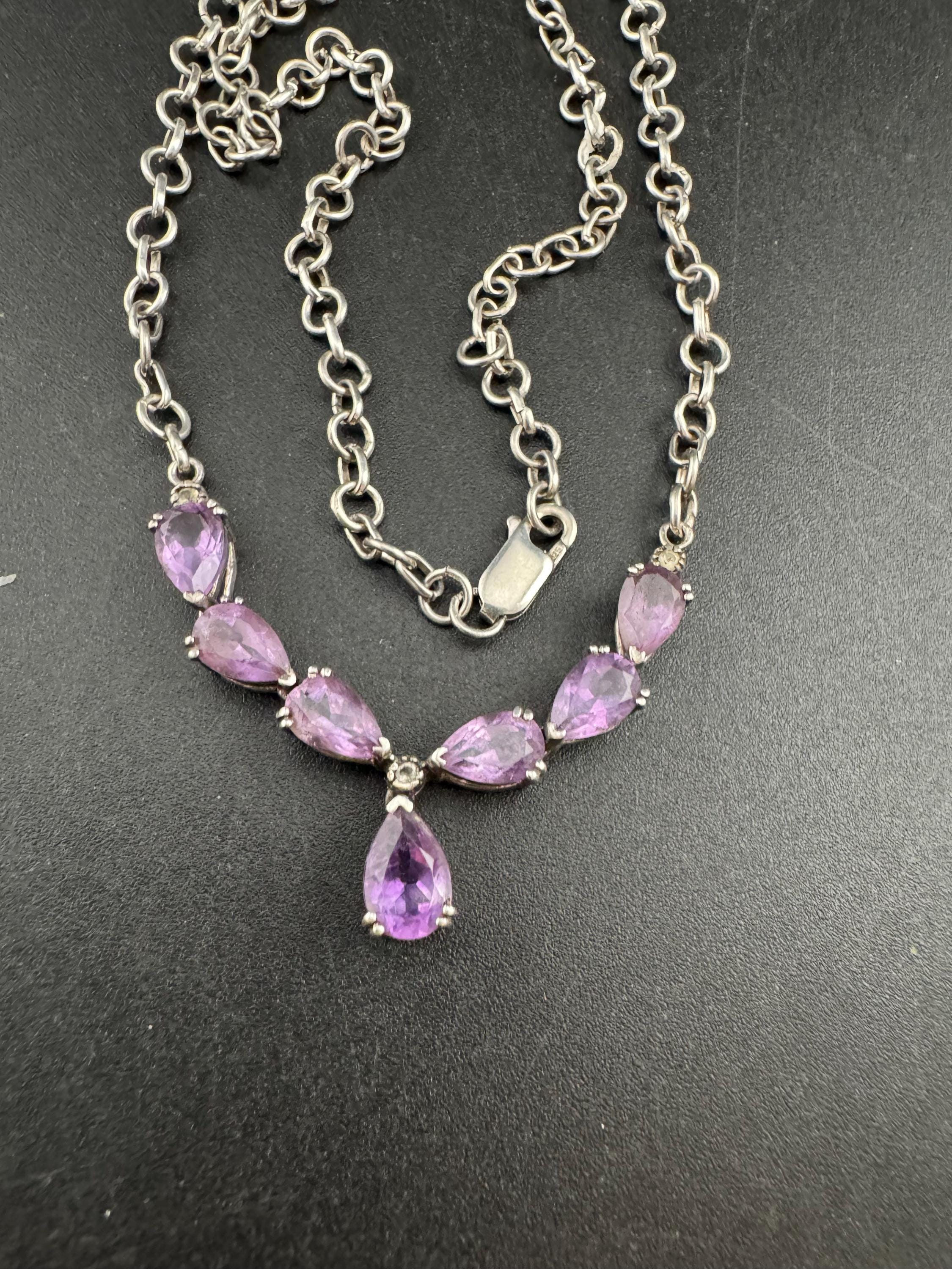 Vintage 925 art nouveau amethyst drop necklace, sterling silver