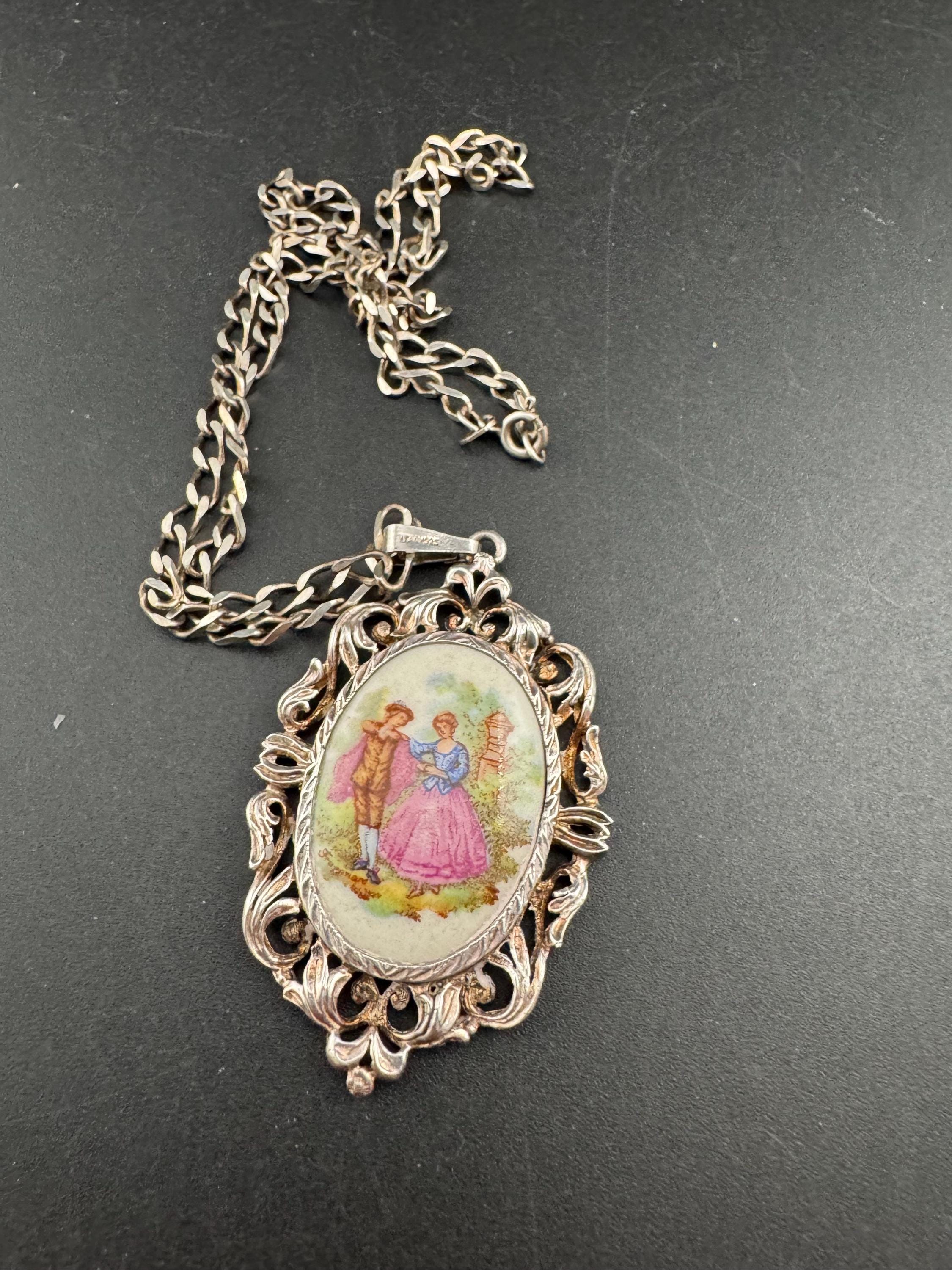 Vintage Limoges Porcelain Pendant Necklace, 925 Sterling Silver Chain