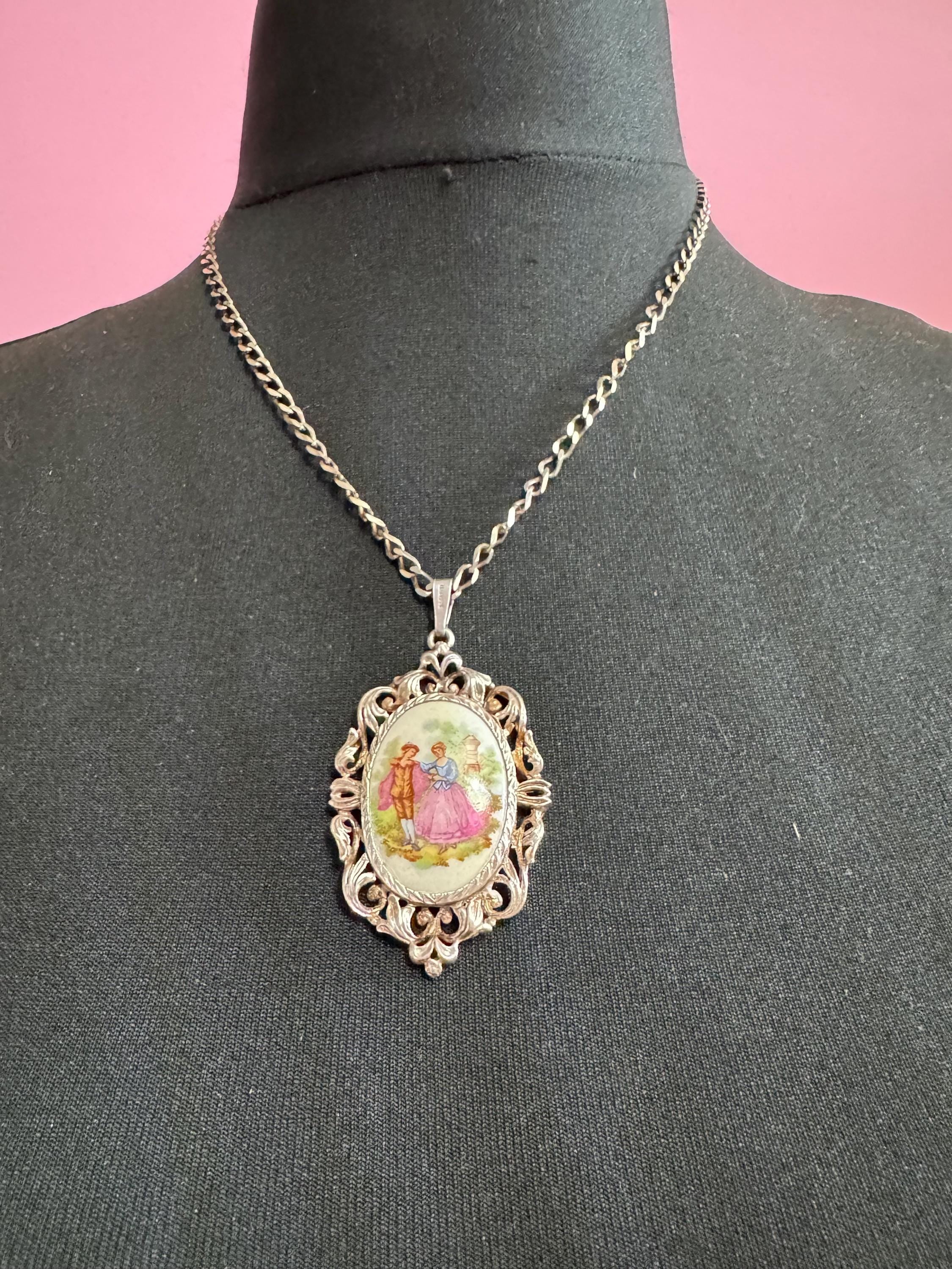 Vintage Limoges Porcelain Pendant Necklace, 925 Sterling Silver Chain