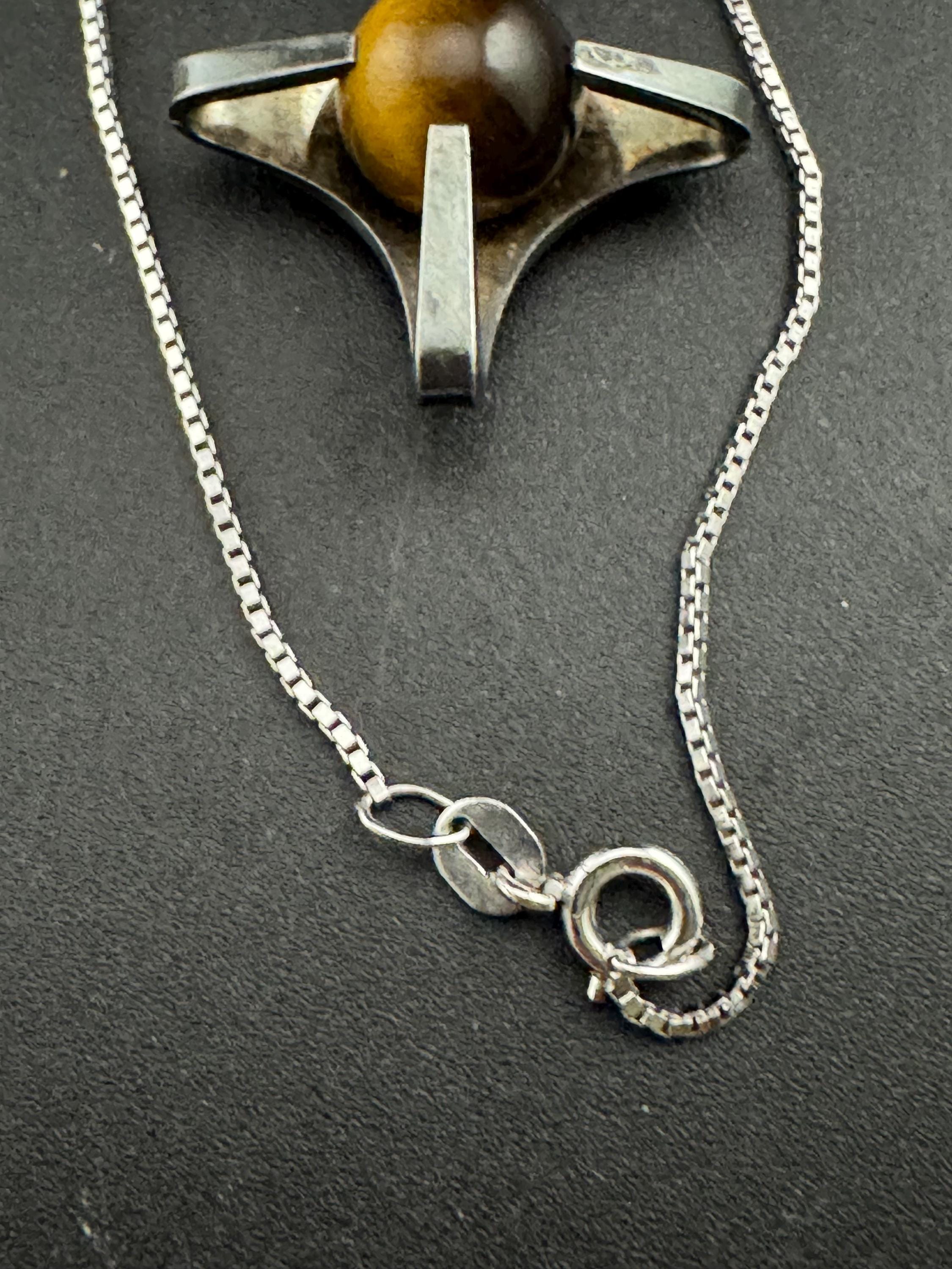 Vintage 1970s Tiger's Eye Sterling Silver Pendant Necklace, modernist brutalist design