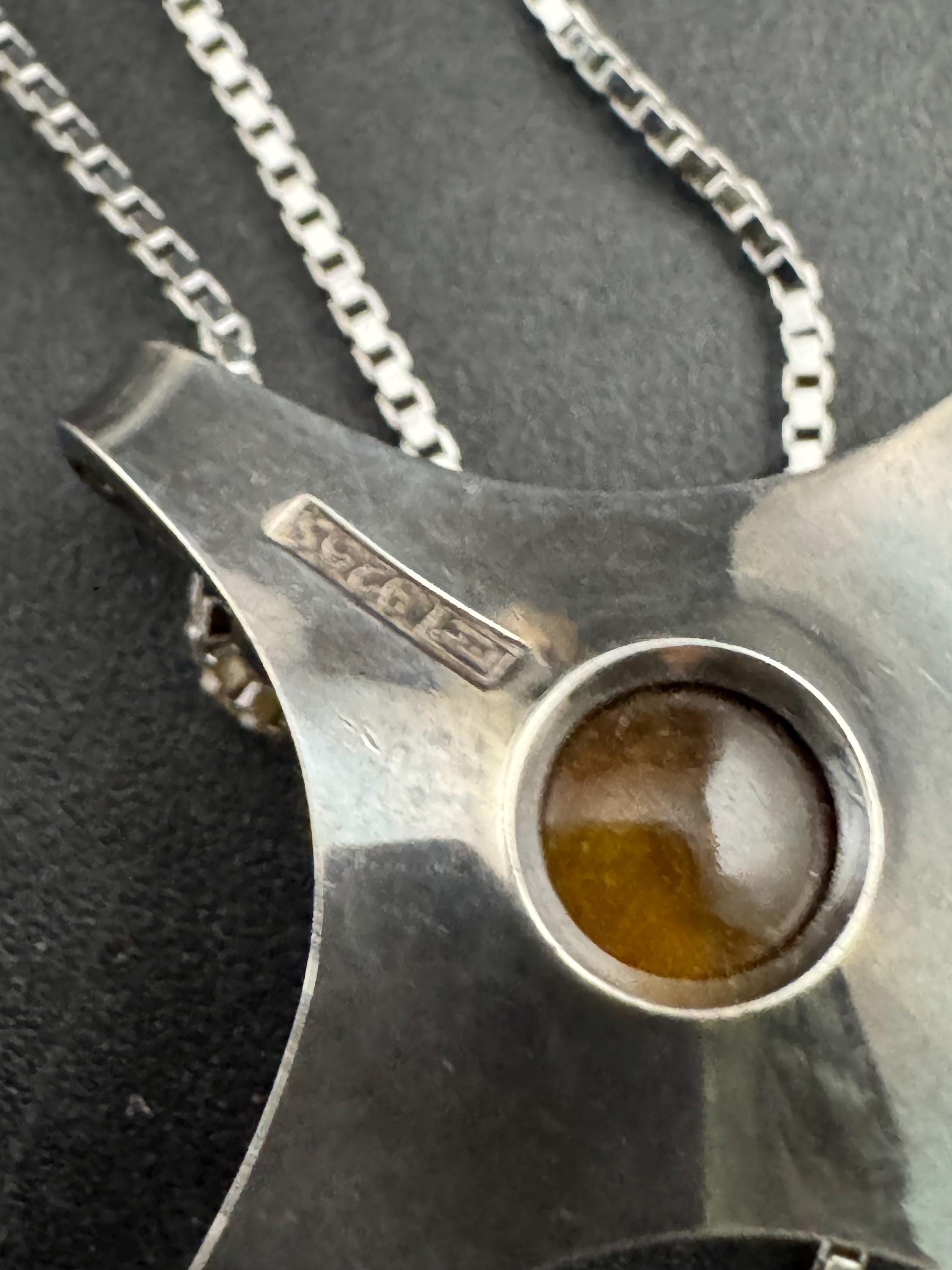 Vintage 1970s Tiger's Eye Sterling Silver Pendant Necklace, modernist brutalist design