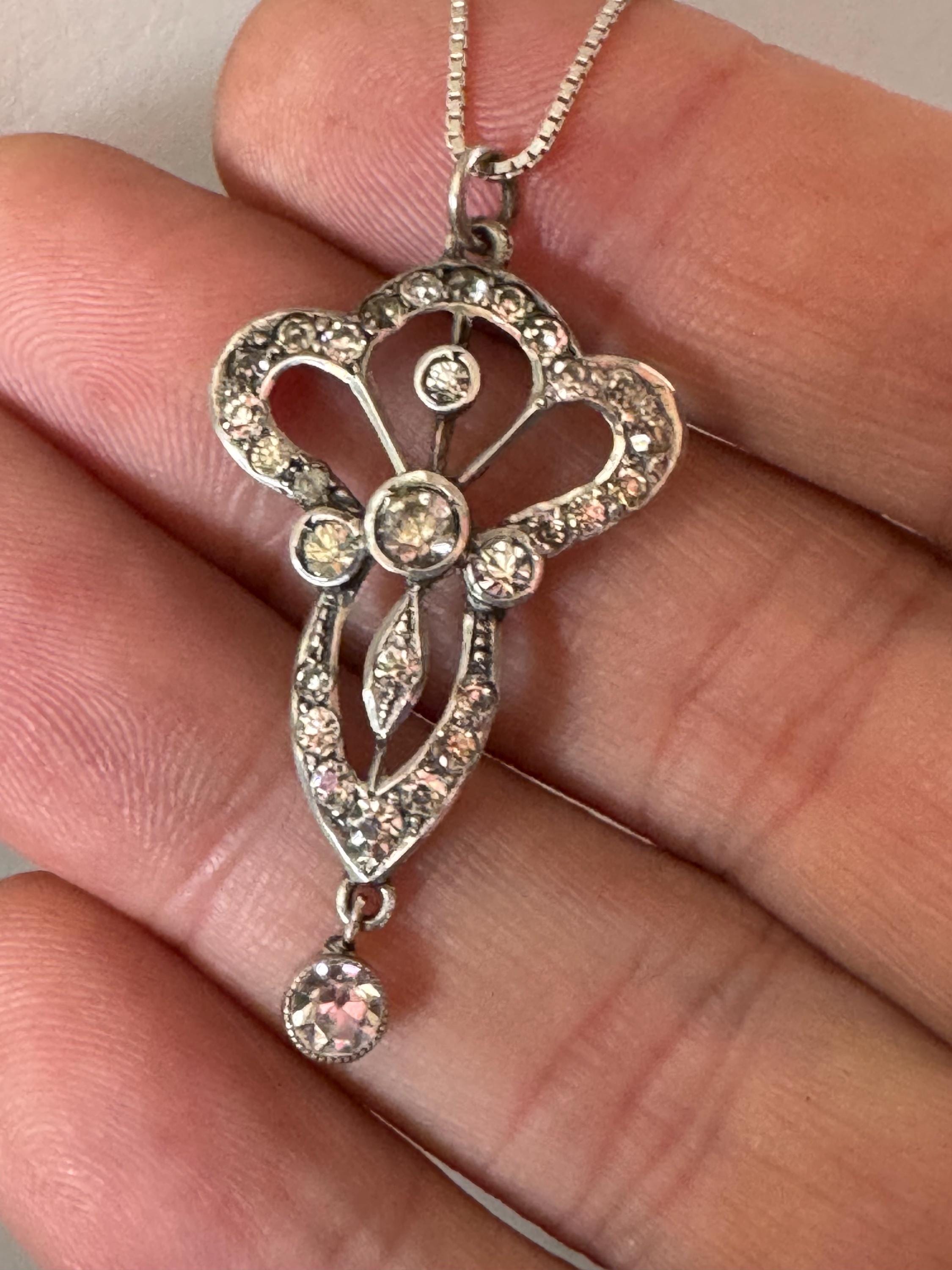 Antique art nouveau sterling paste drop pendant necklace, later 925 silver chain