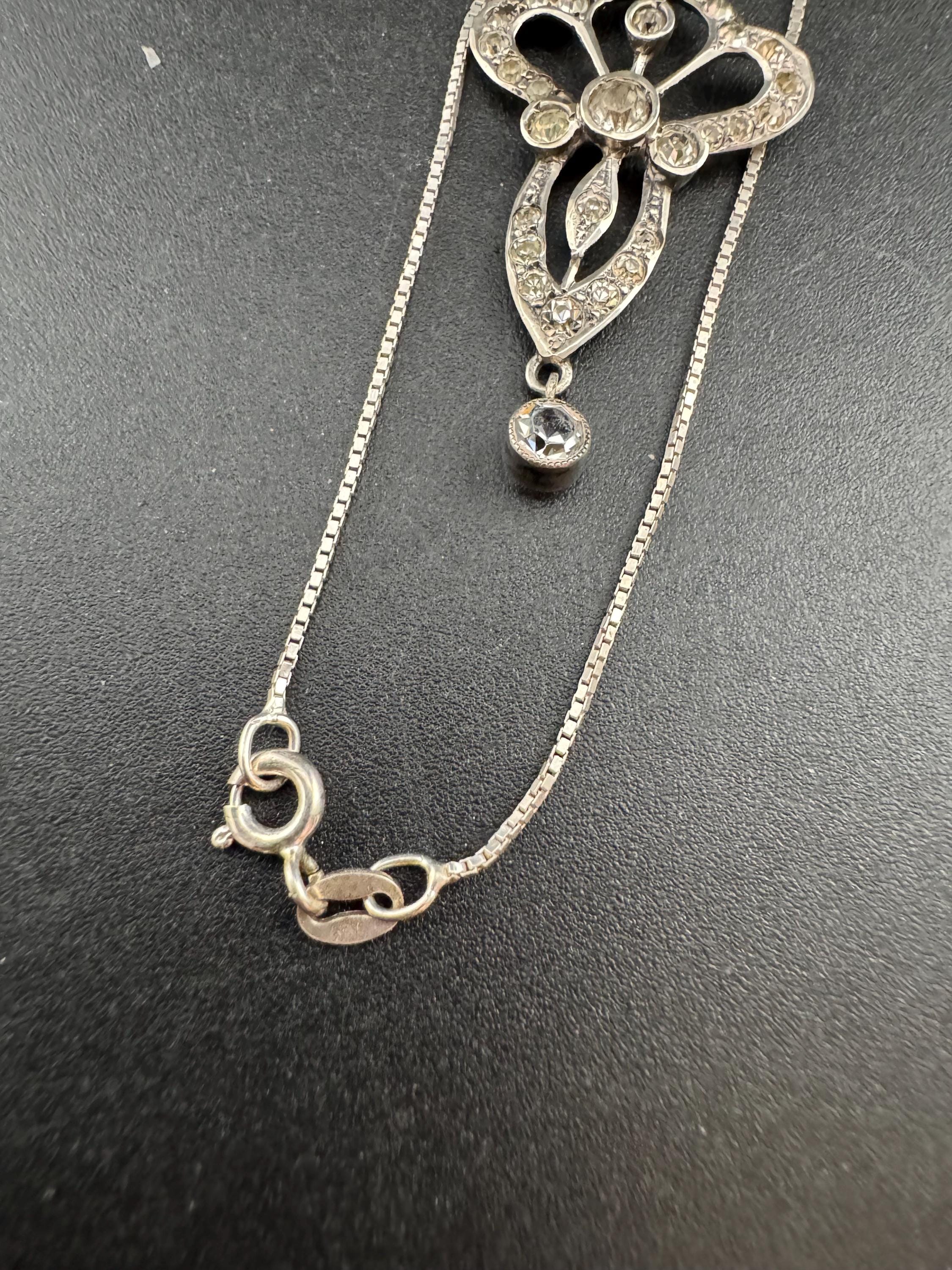 Antique art nouveau sterling paste drop pendant necklace, later 925 silver chain