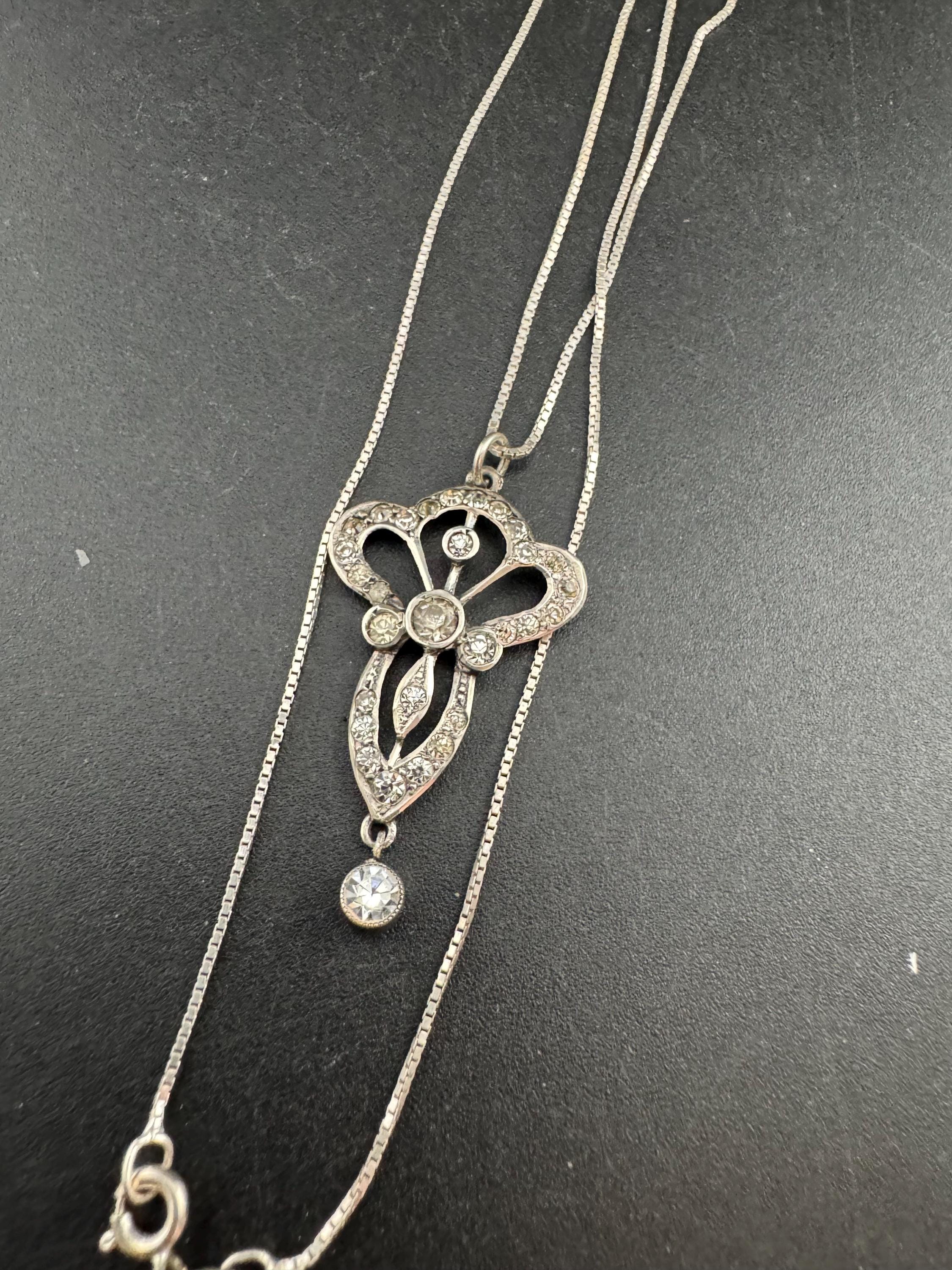 Antique art nouveau sterling paste drop pendant necklace, later 925 silver chain