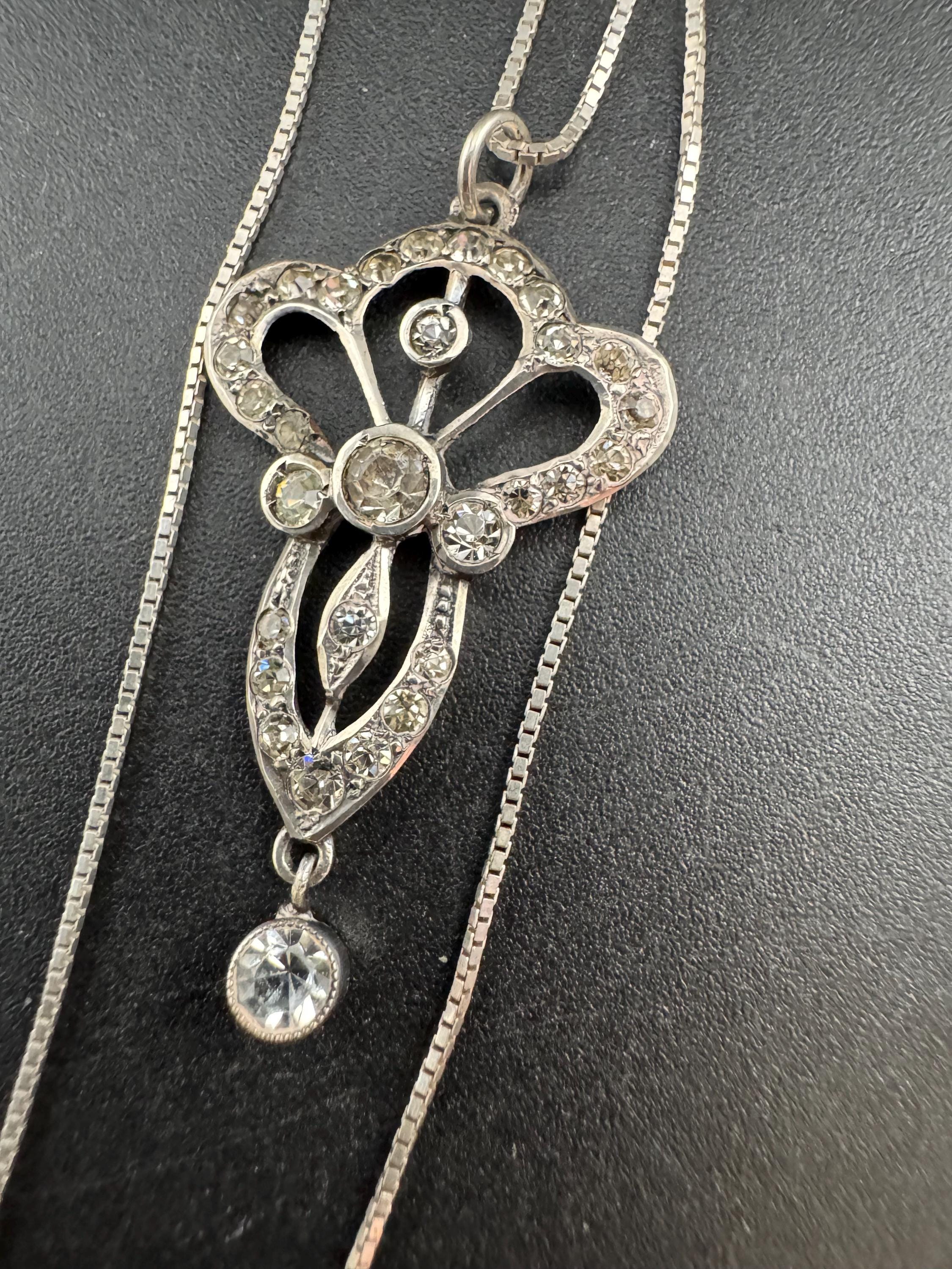 Antique art nouveau sterling paste drop pendant necklace, later 925 silver chain