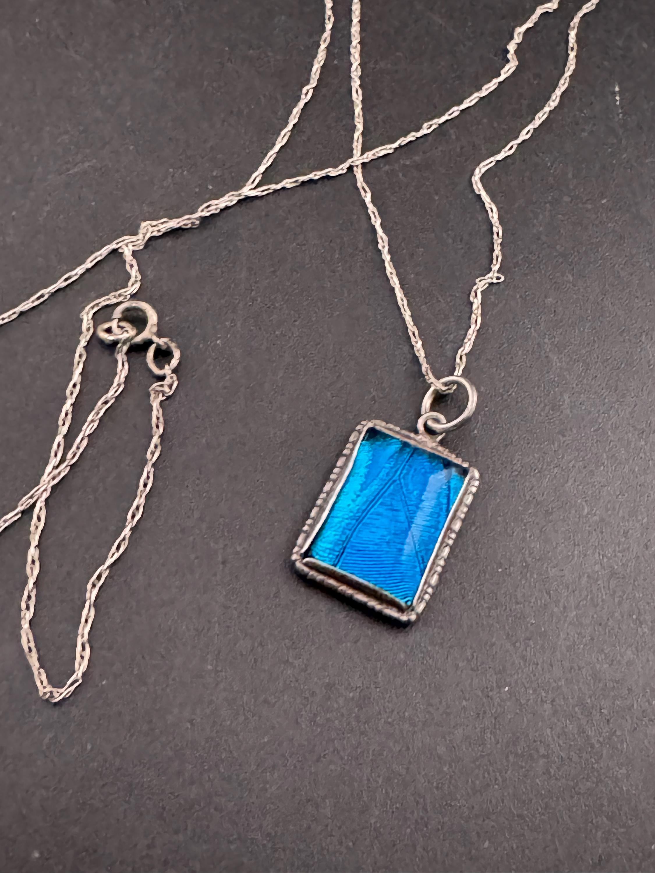 Antique blue butterfly wing pendant necklace , 925 sterling silver