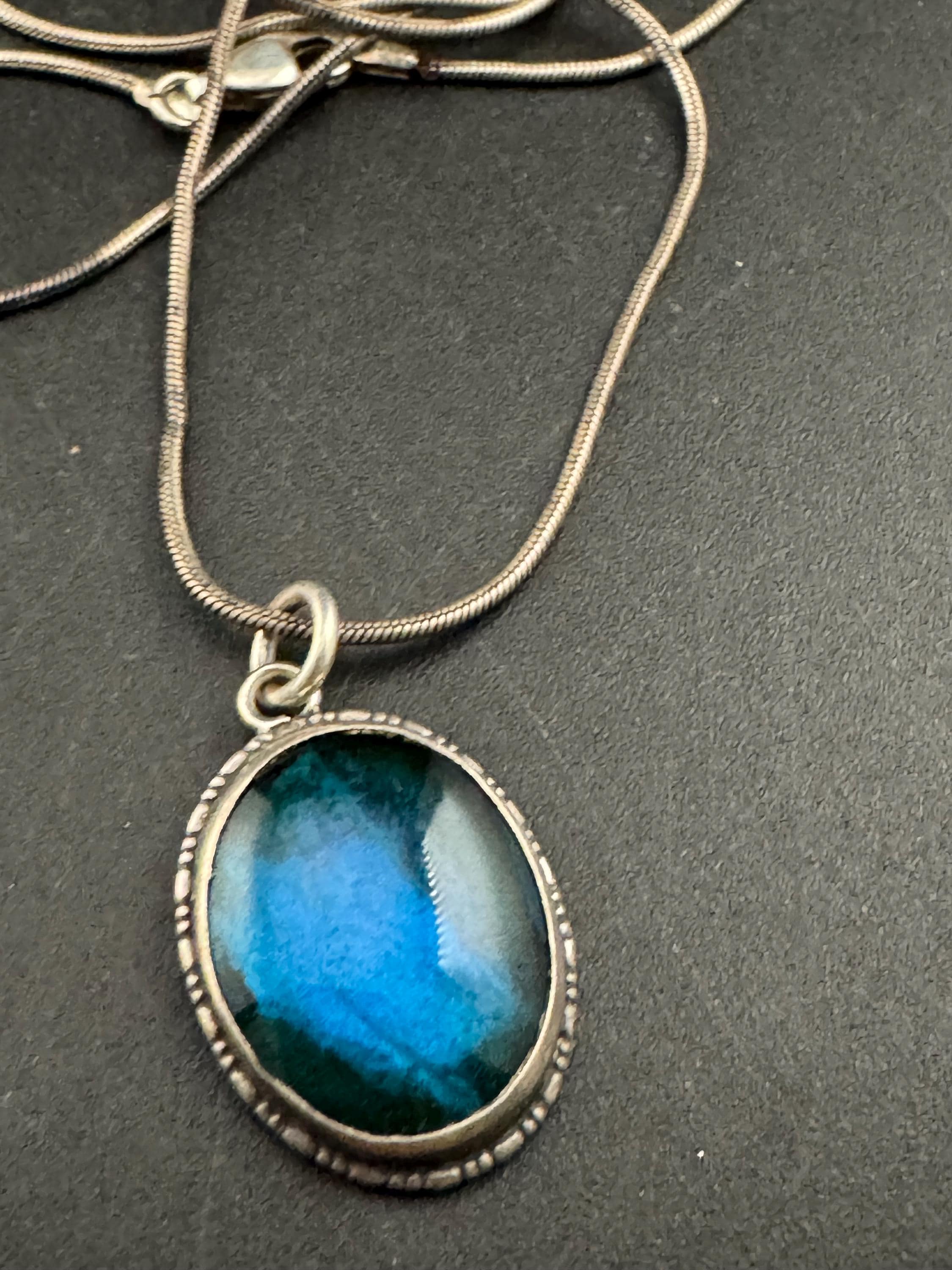 Antique blue butterfly wing oval pendant necklace , 925 sterling silver