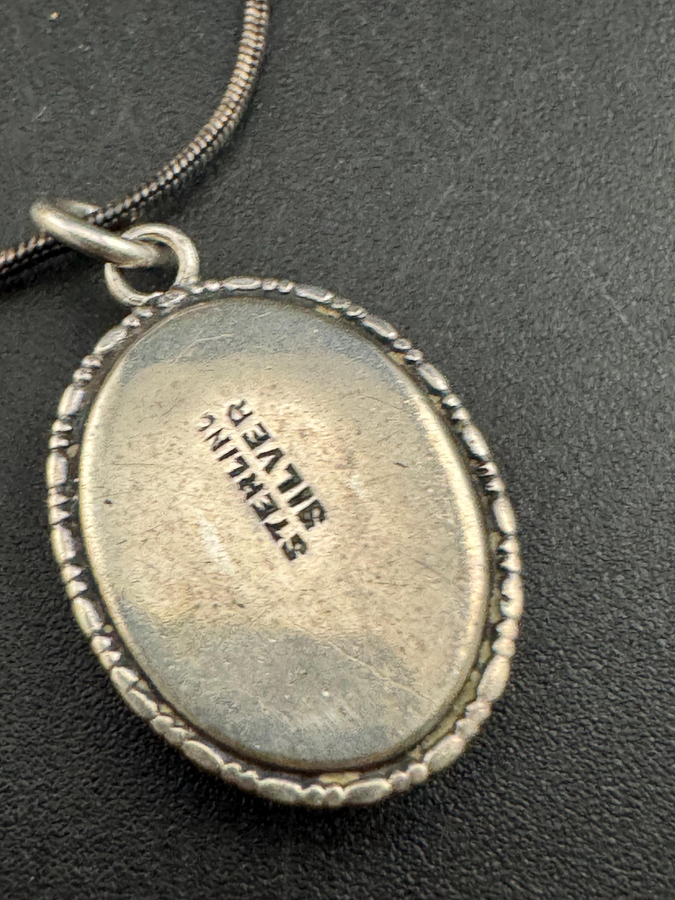 Antique blue butterfly wing oval pendant necklace , 925 sterling silver