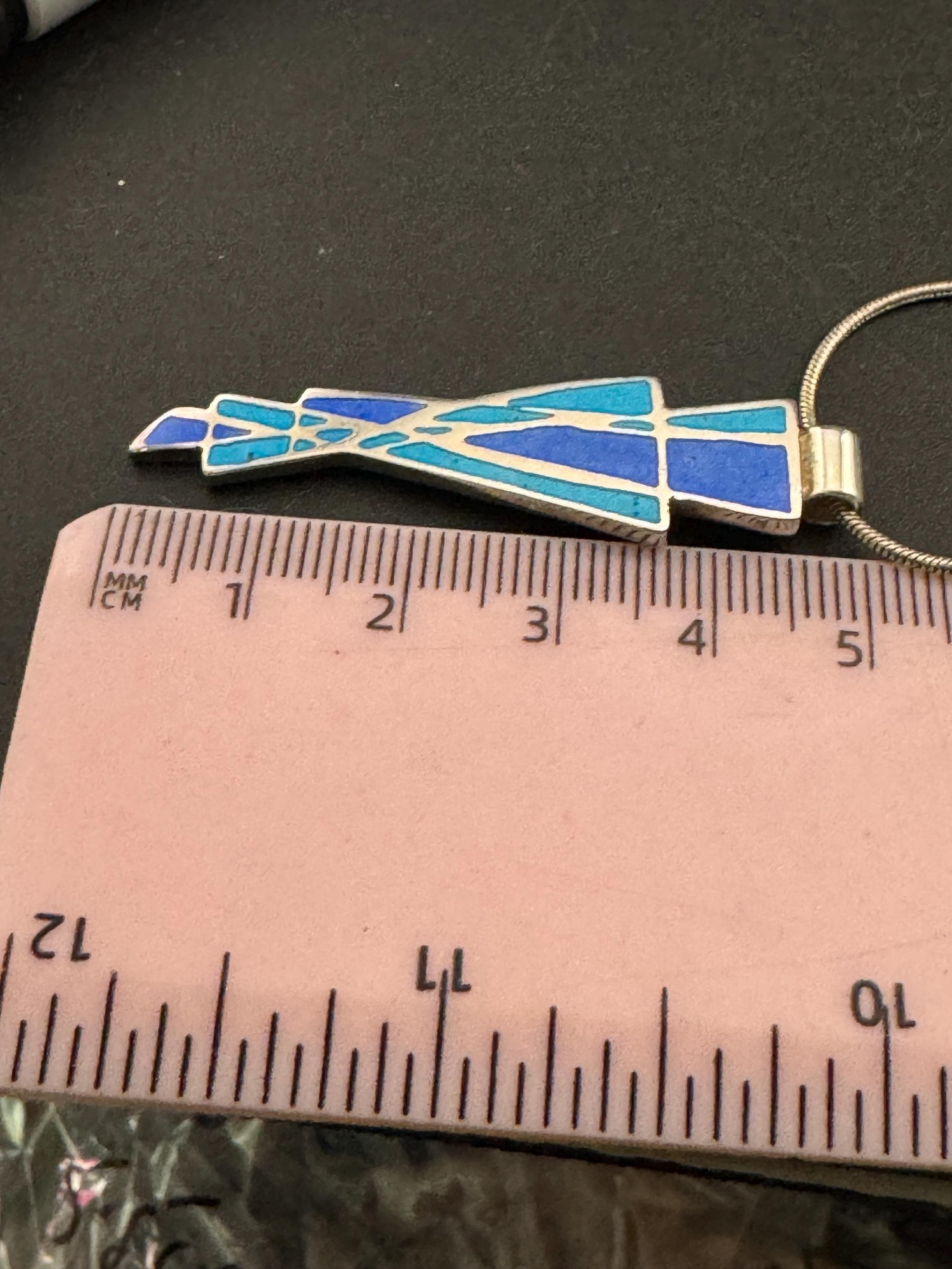 Blue enamel 925 Sterling Silver modernist pendant Necklace,  full hallmarks