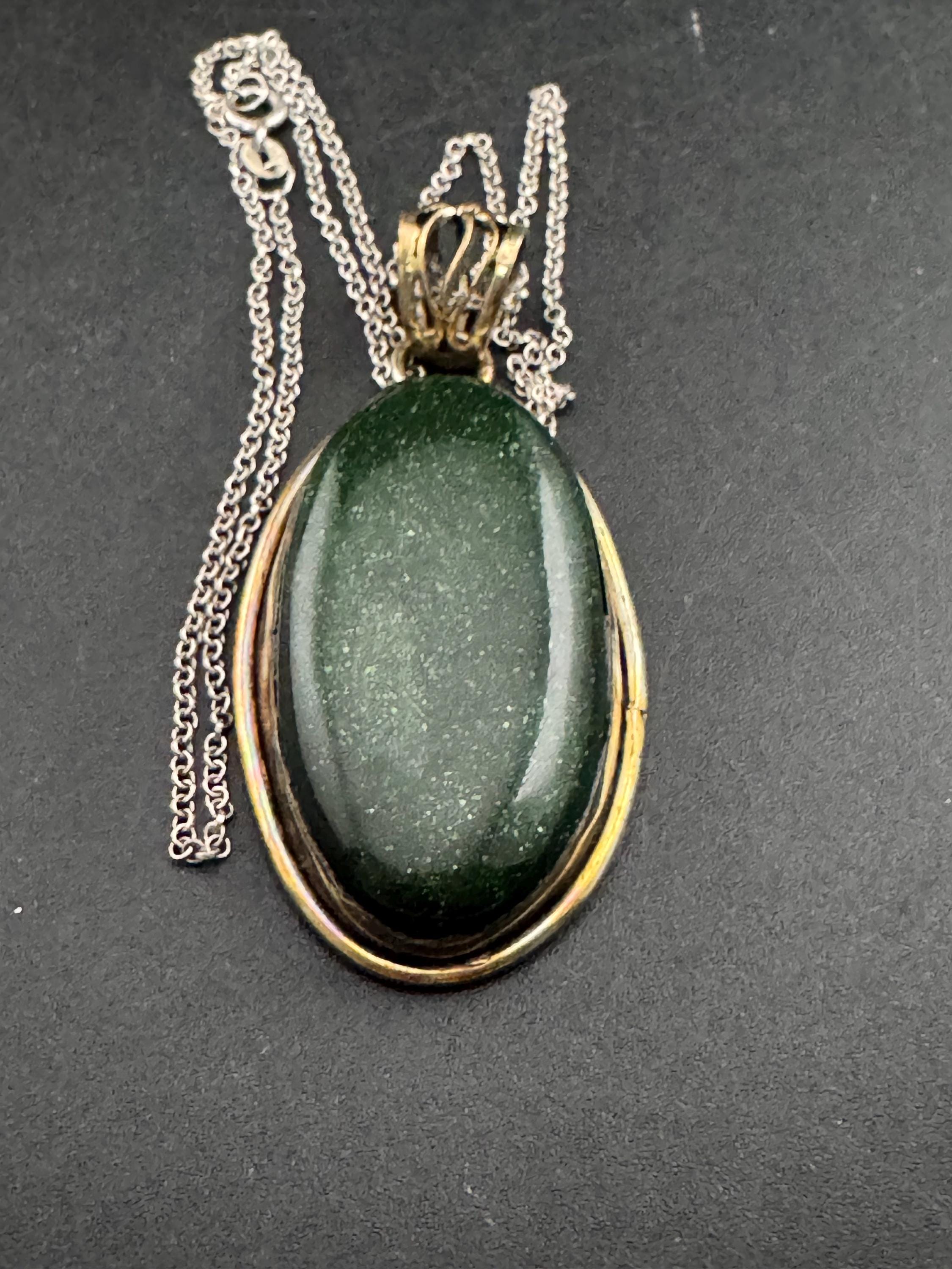 vintage Green gemstone oval cabochon pendant on a silver chain, 925 sterling silver