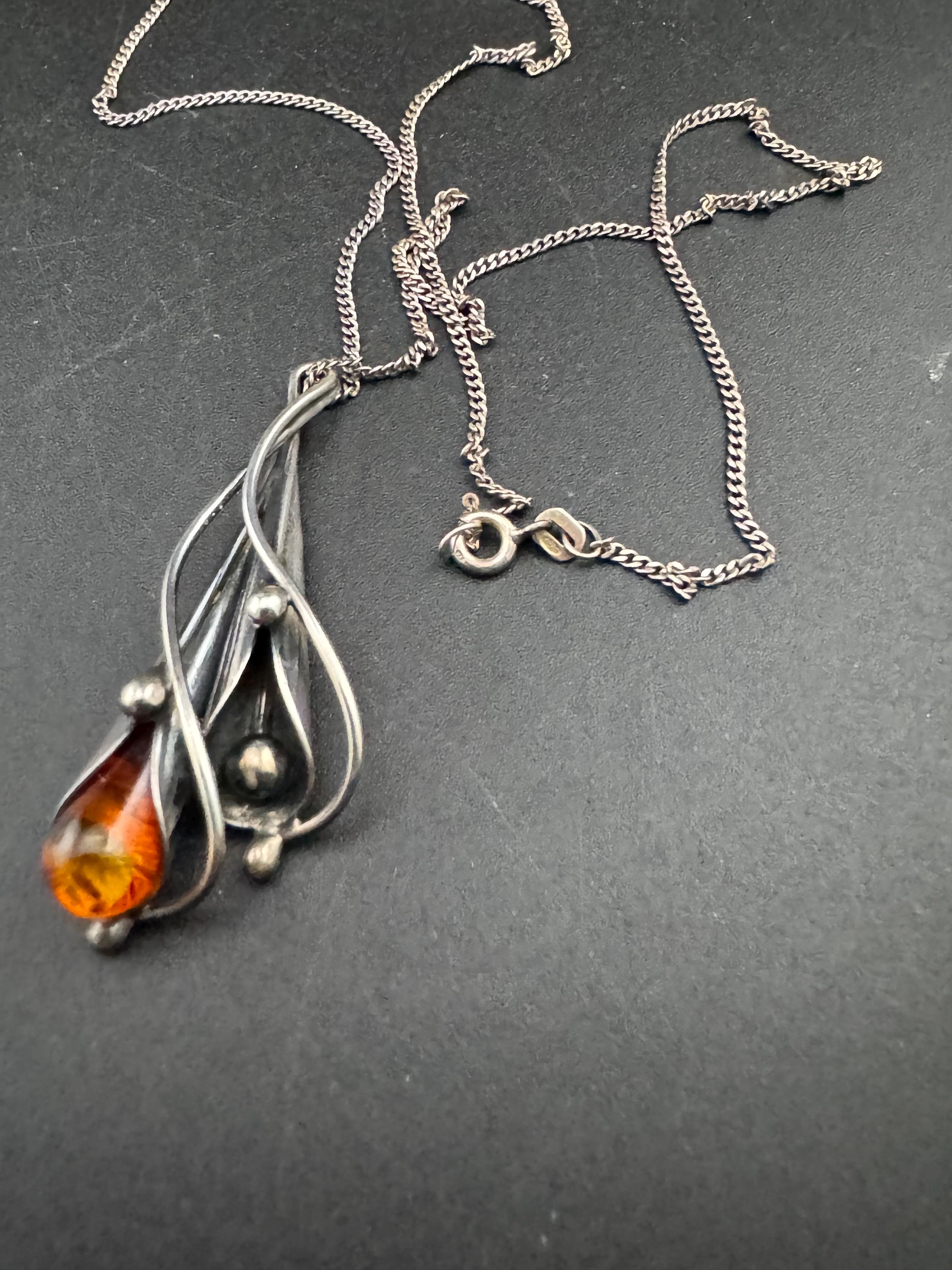 Art nouveau Amber artisan floral pendant  necklace,  Sterling silver 925