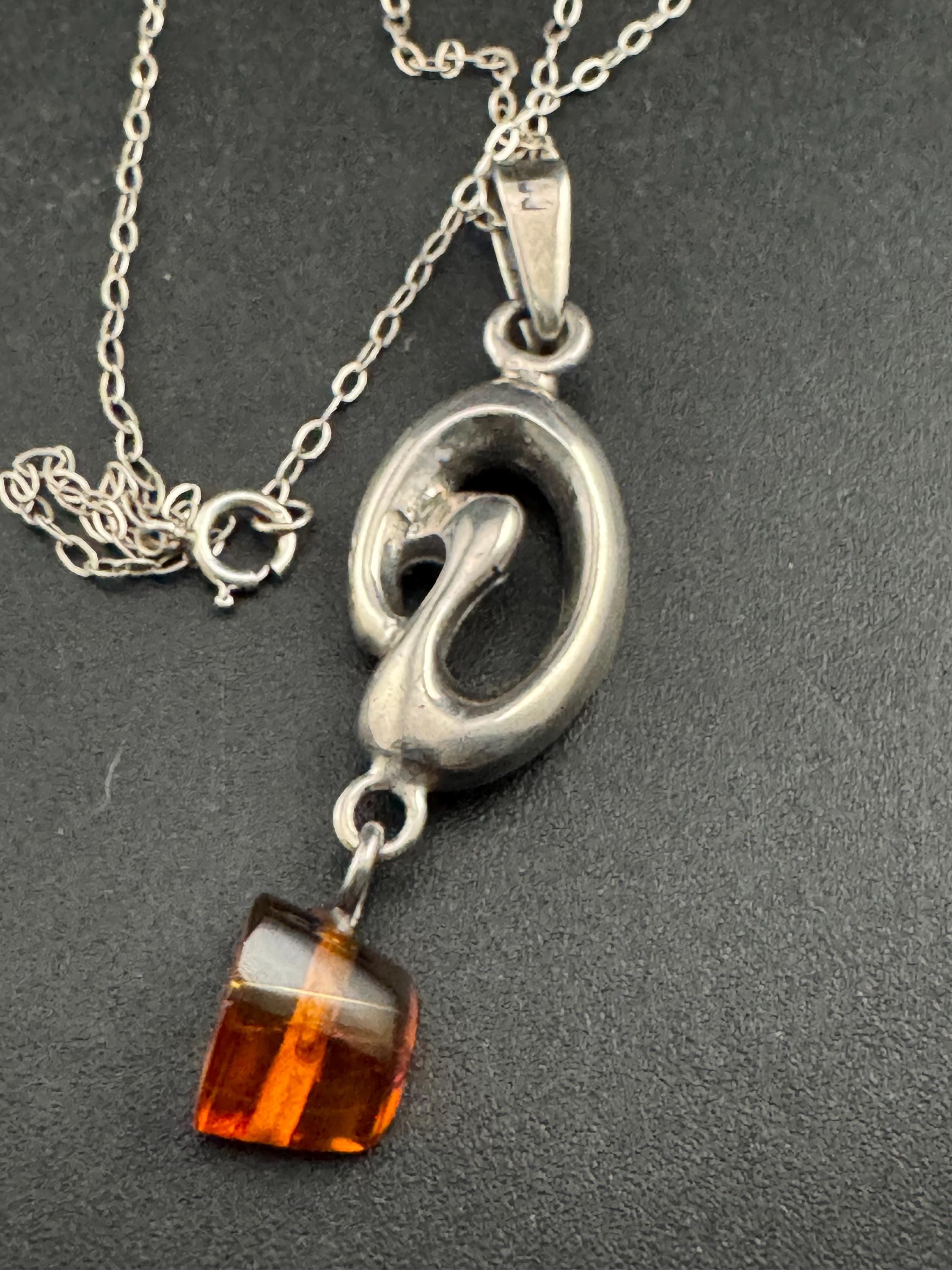 Art nouveau Amber beaded drop pendant necklace,  Sterling silver 925