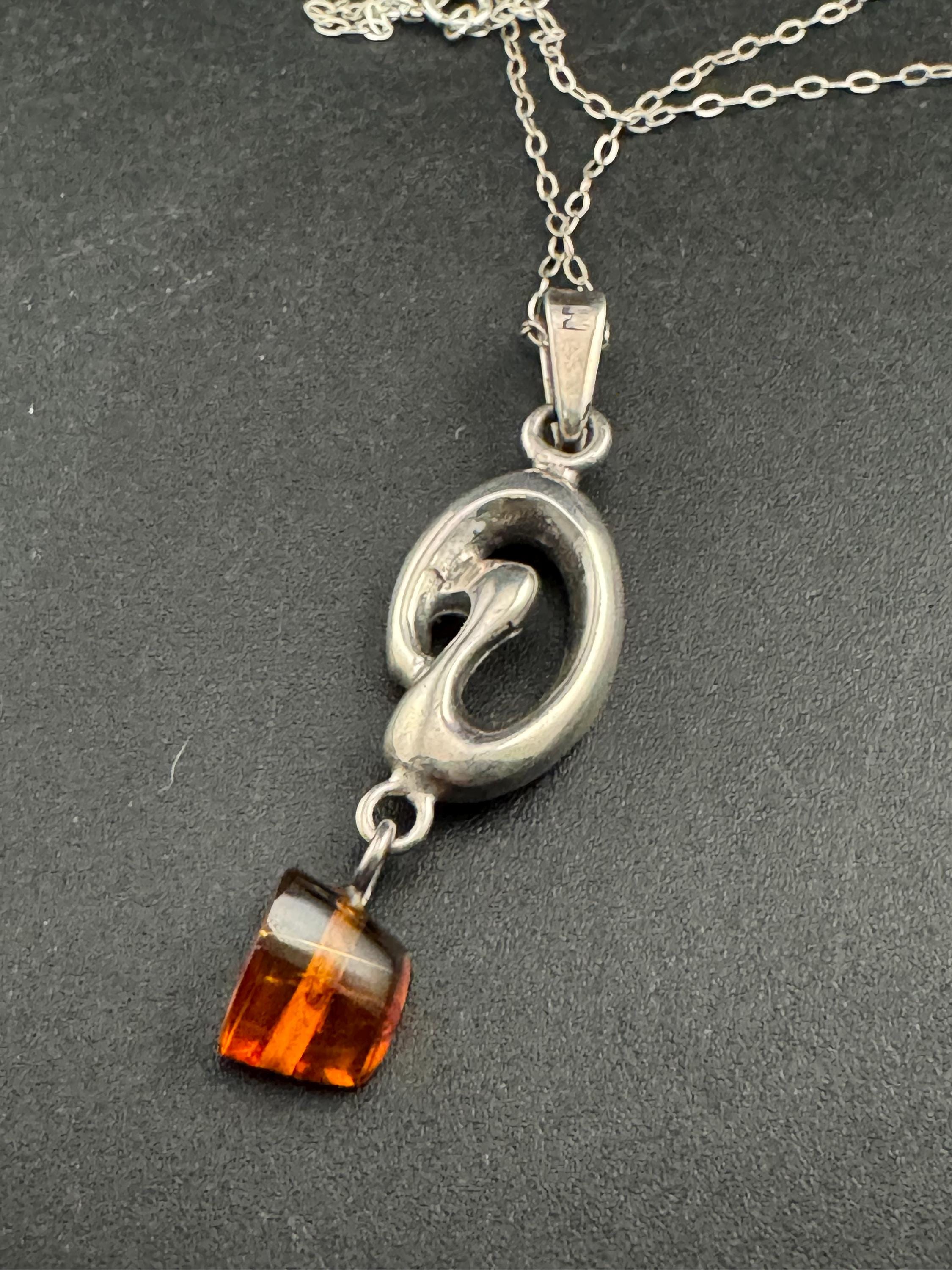 Art nouveau Amber beaded drop pendant necklace,  Sterling silver 925