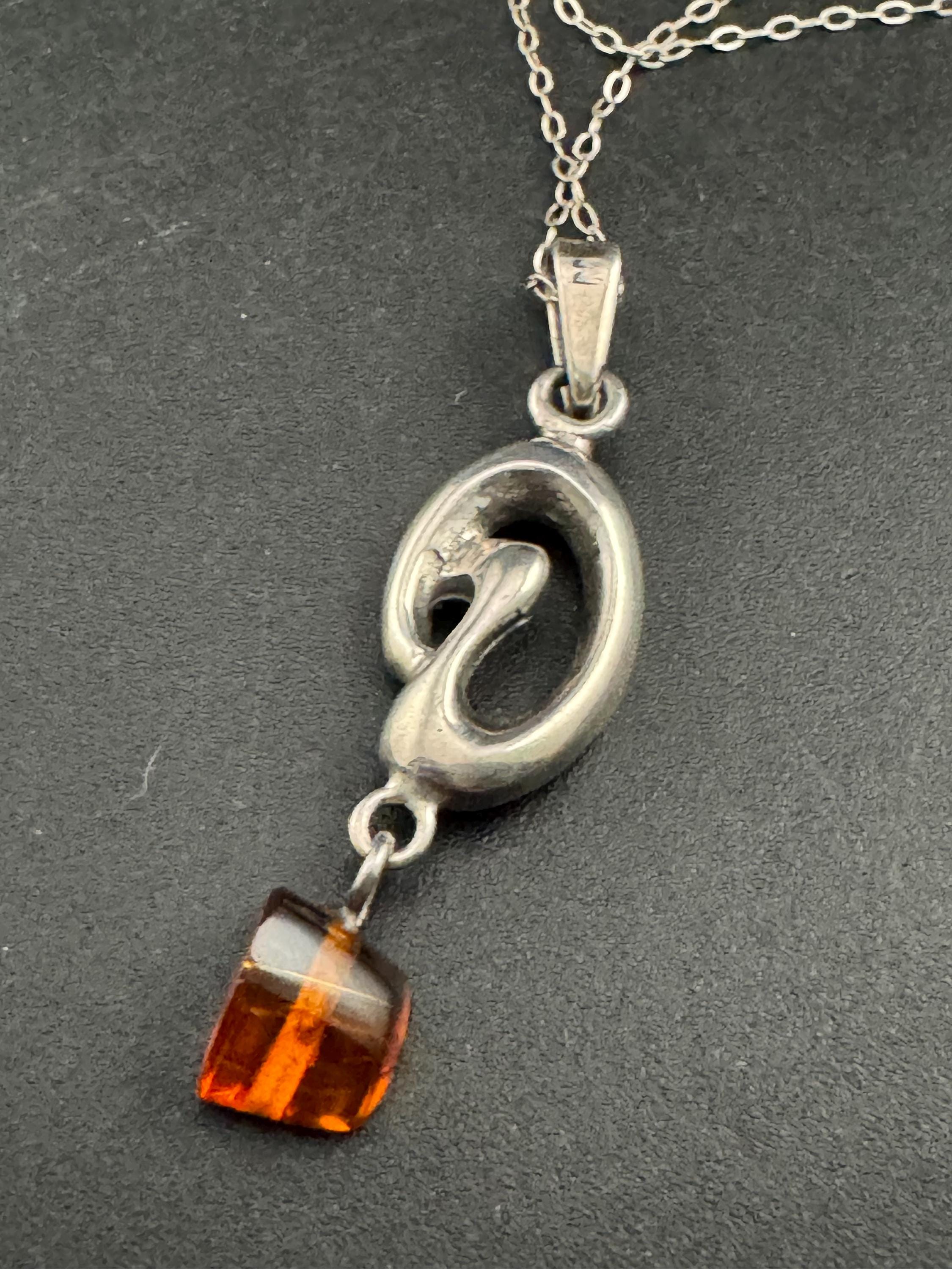 Art nouveau Amber beaded drop pendant necklace,  Sterling silver 925
