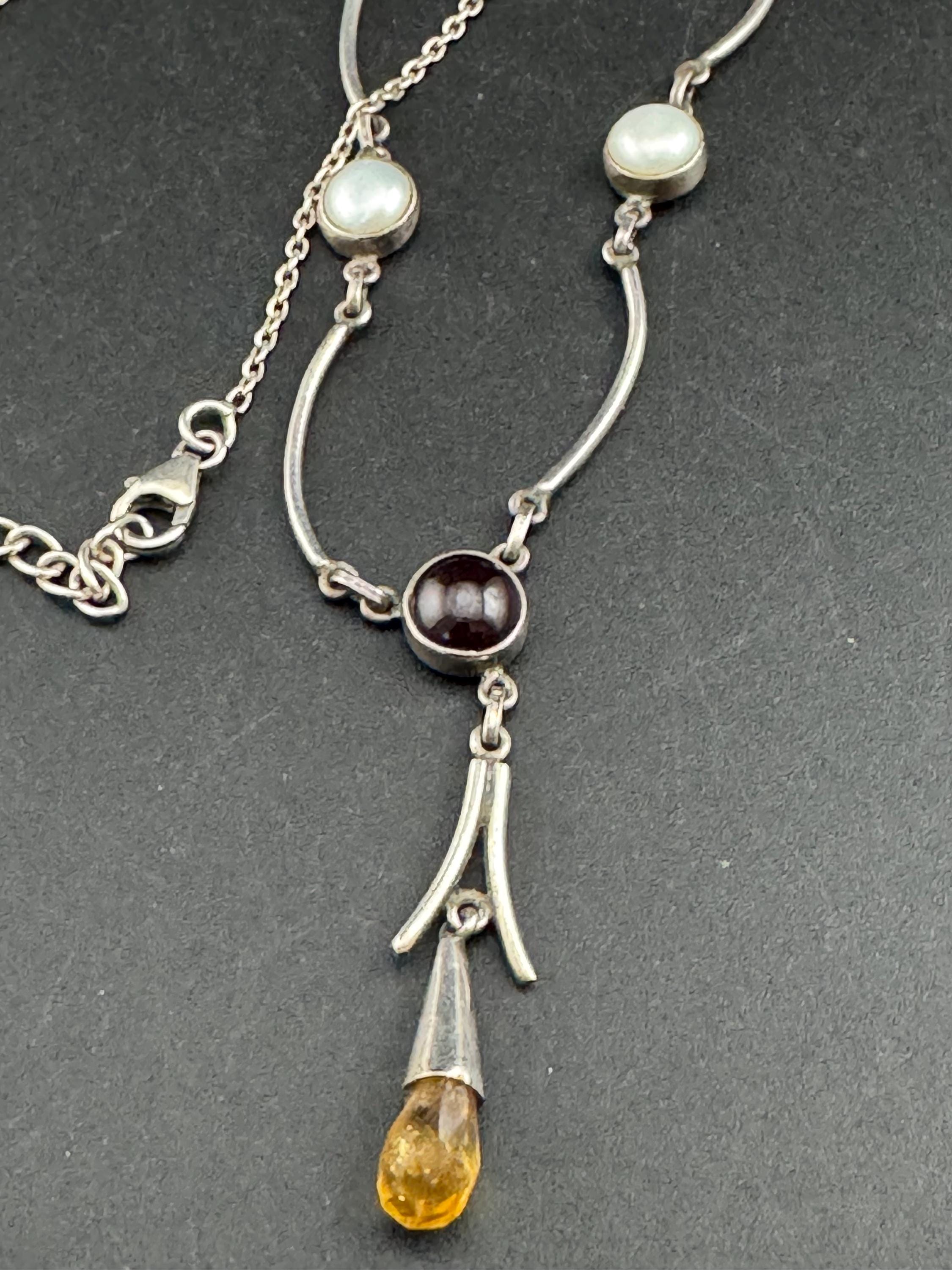 Vintage 925 lavaliere drop necklace, sterling silver with amethyst, citrine and natural pearl