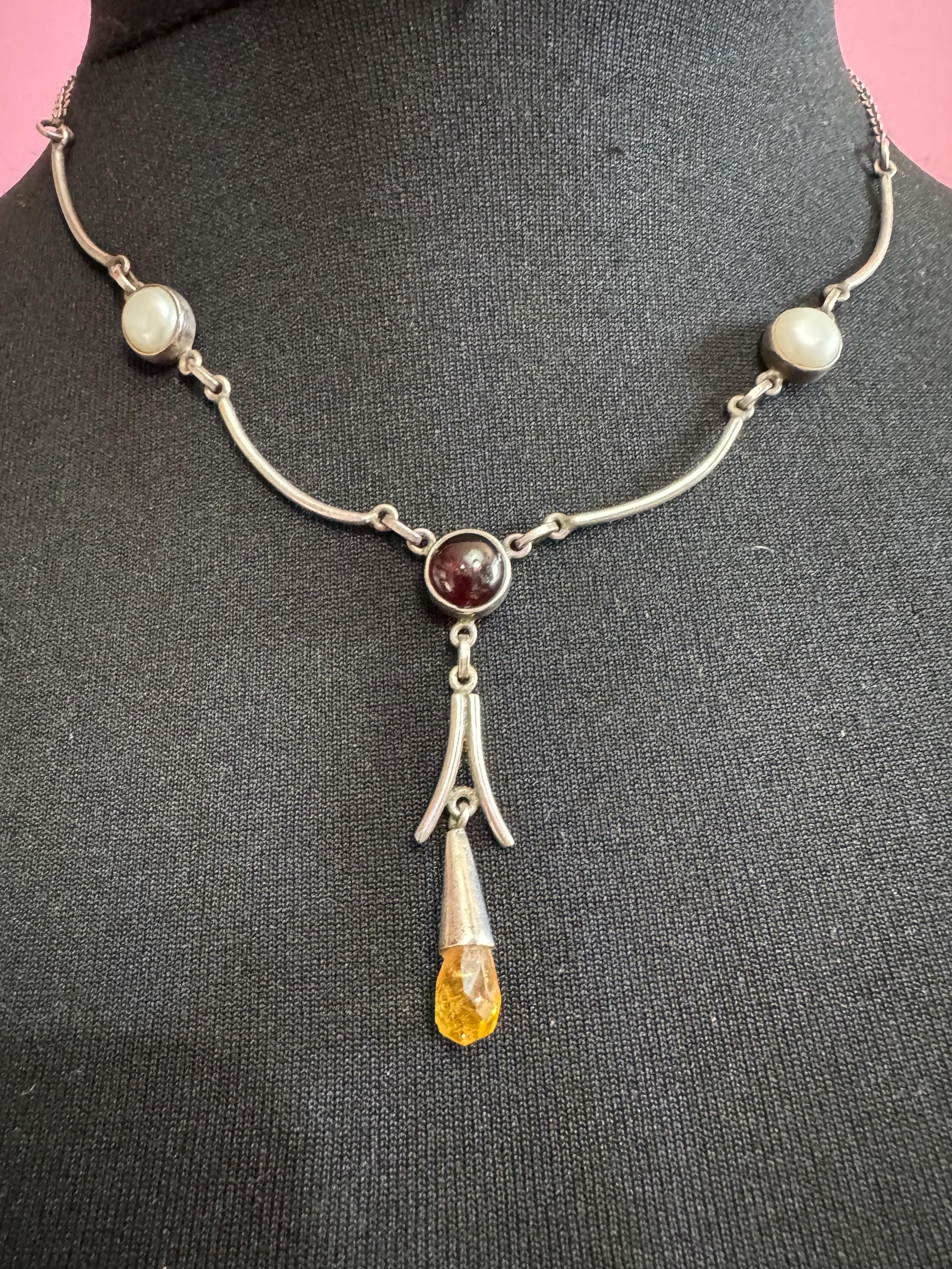 Vintage 925 lavaliere drop necklace, sterling silver with amethyst, citrine and natural pearl