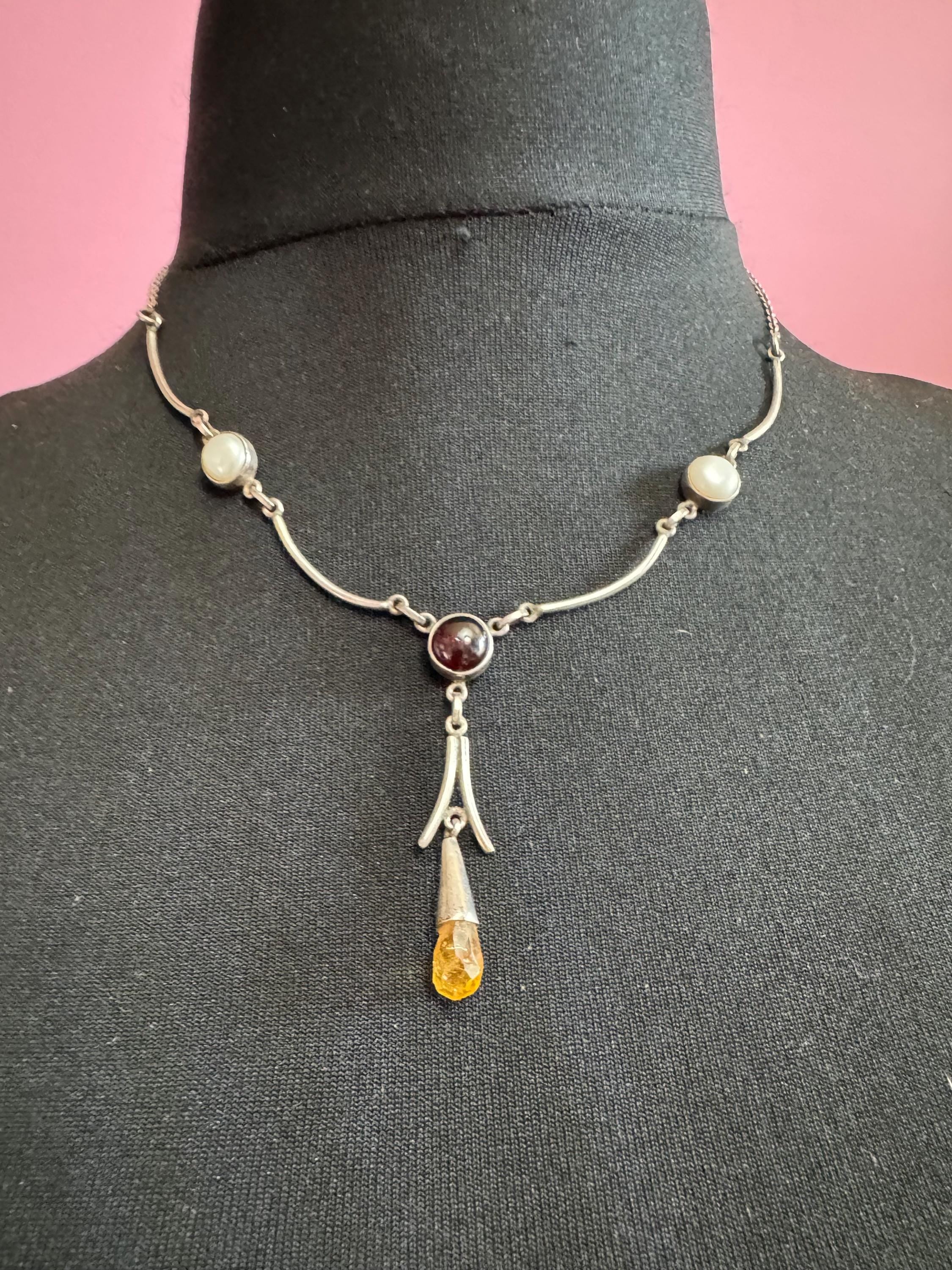 Vintage 925 lavaliere drop necklace, sterling silver with amethyst, citrine and natural pearl