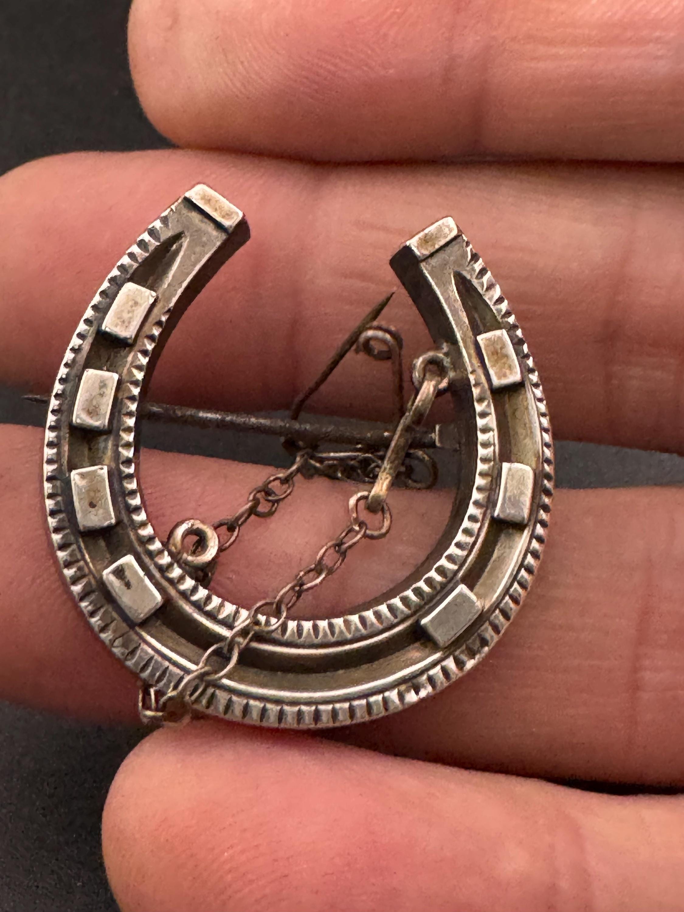Antique 925 sterling silver Victorian horseshoe brooch, good luck pin