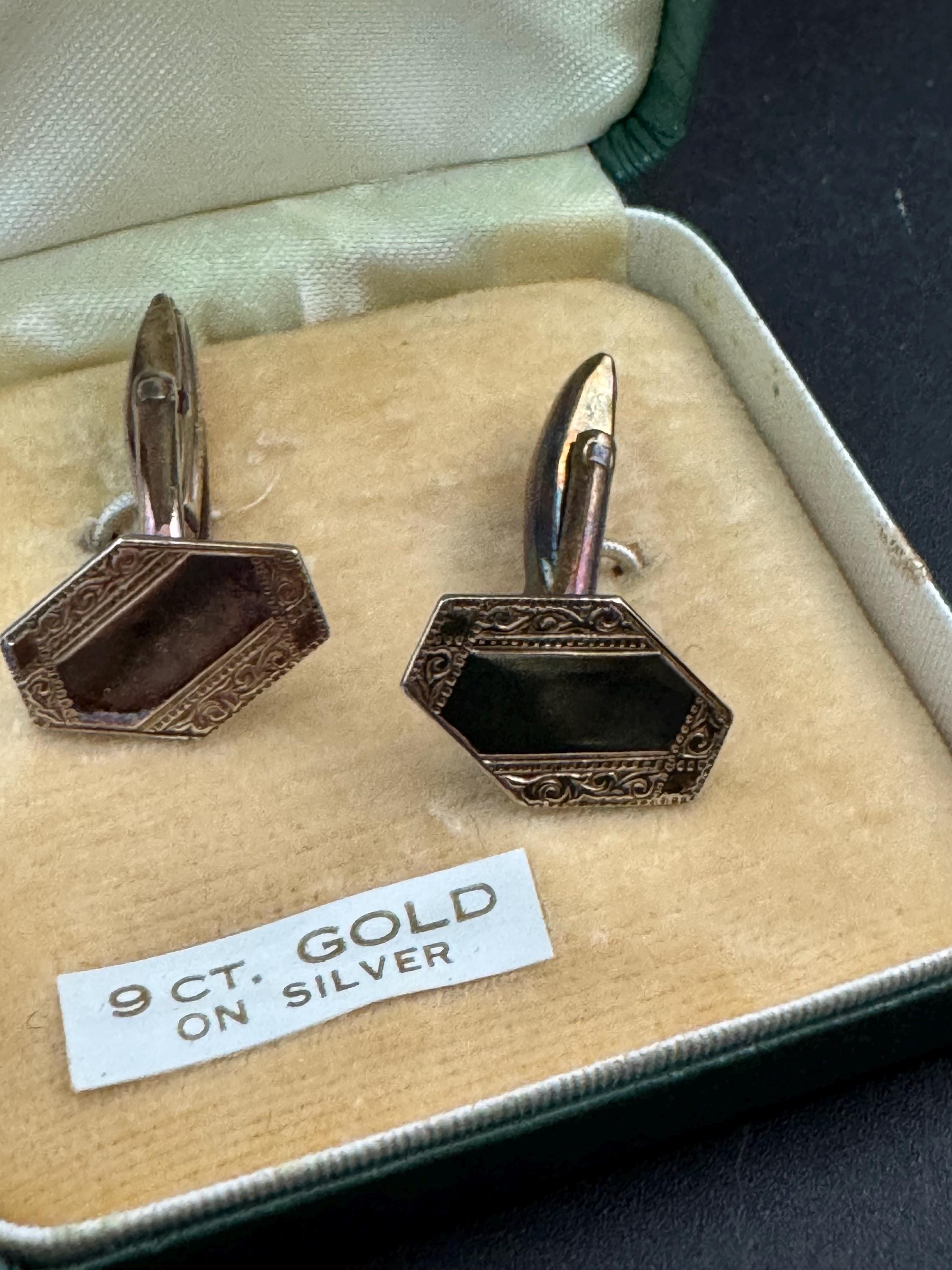Engine turned art deco mens cufflinks 9ct gold on 925 Sterling Silver