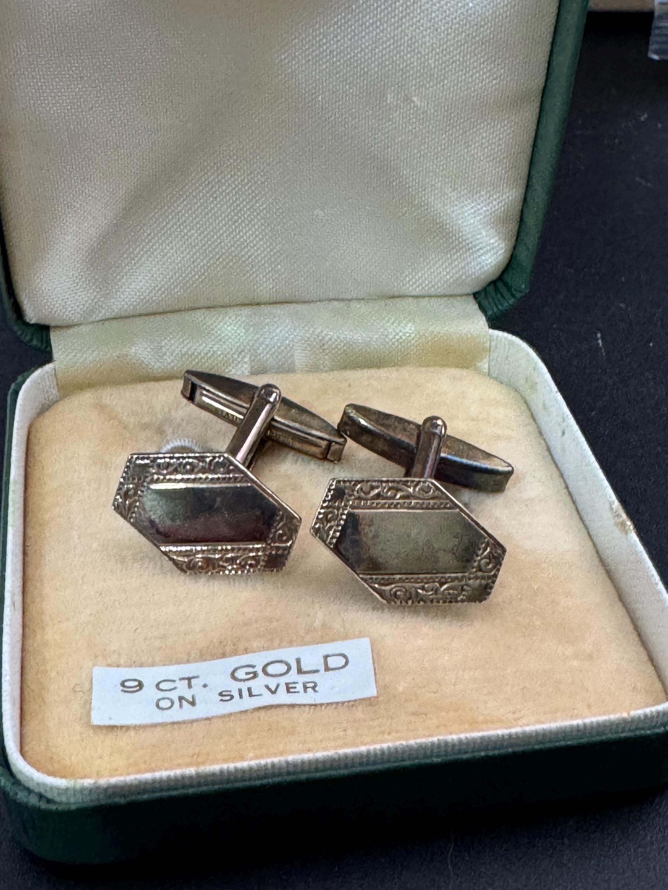 Engine turned art deco mens cufflinks 9ct gold on 925 Sterling Silver