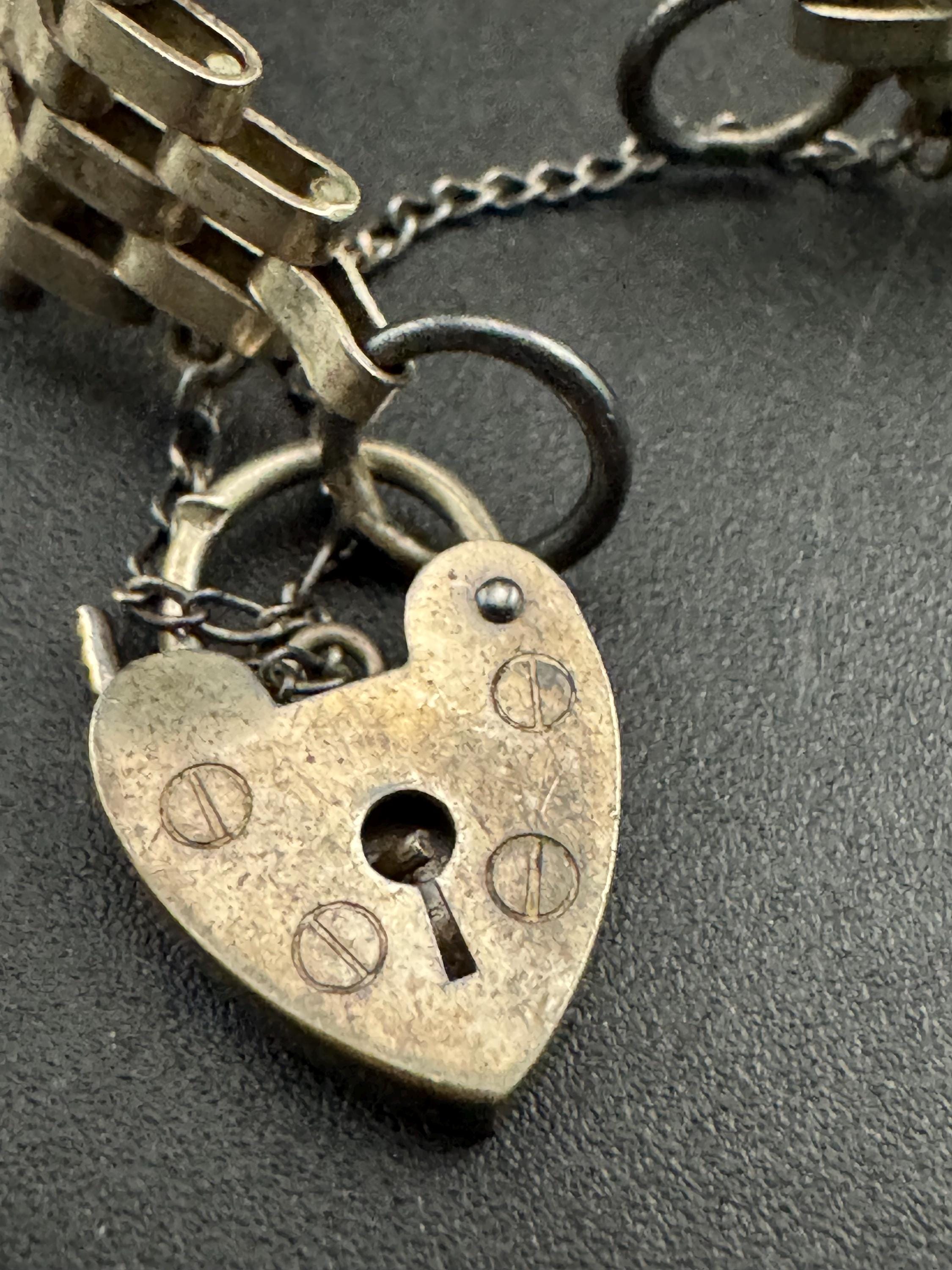 Vintage 925 sterling silver 5 bar gate bracelet with heart padlock and safety chain