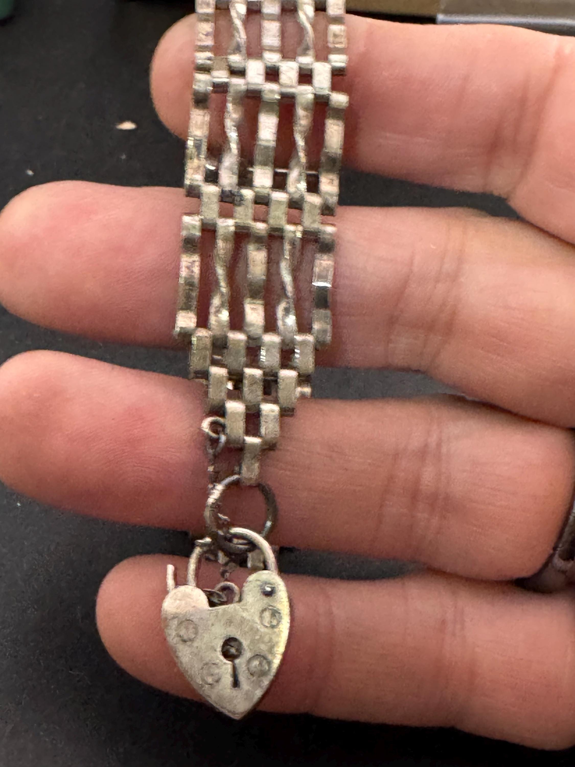 Vintage 925 sterling silver 5 bar gate bracelet with heart padlock and safety chain