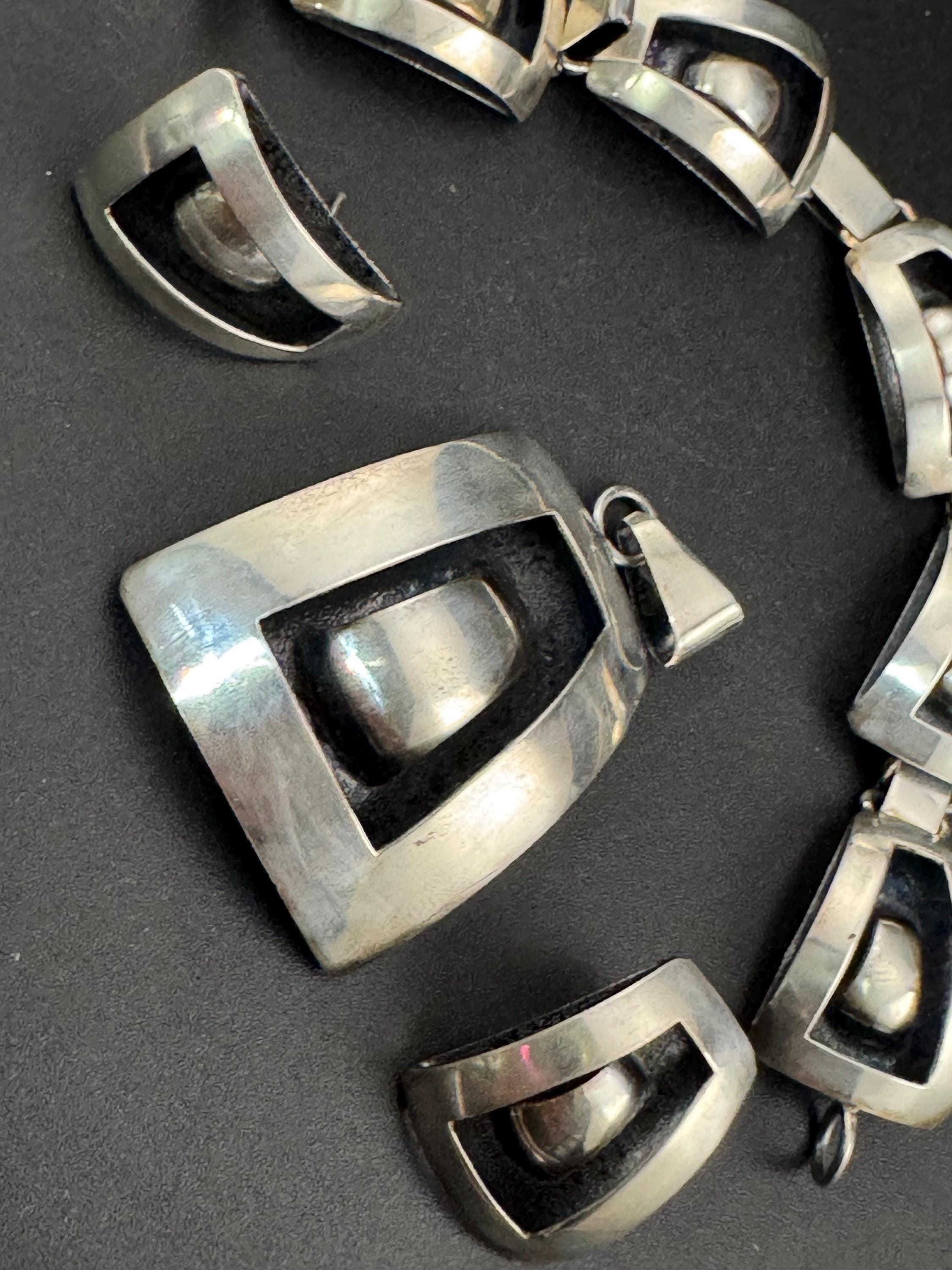 Vintage Polish 925 silver modernist jewellery set, pendant bracelet and stud earrings