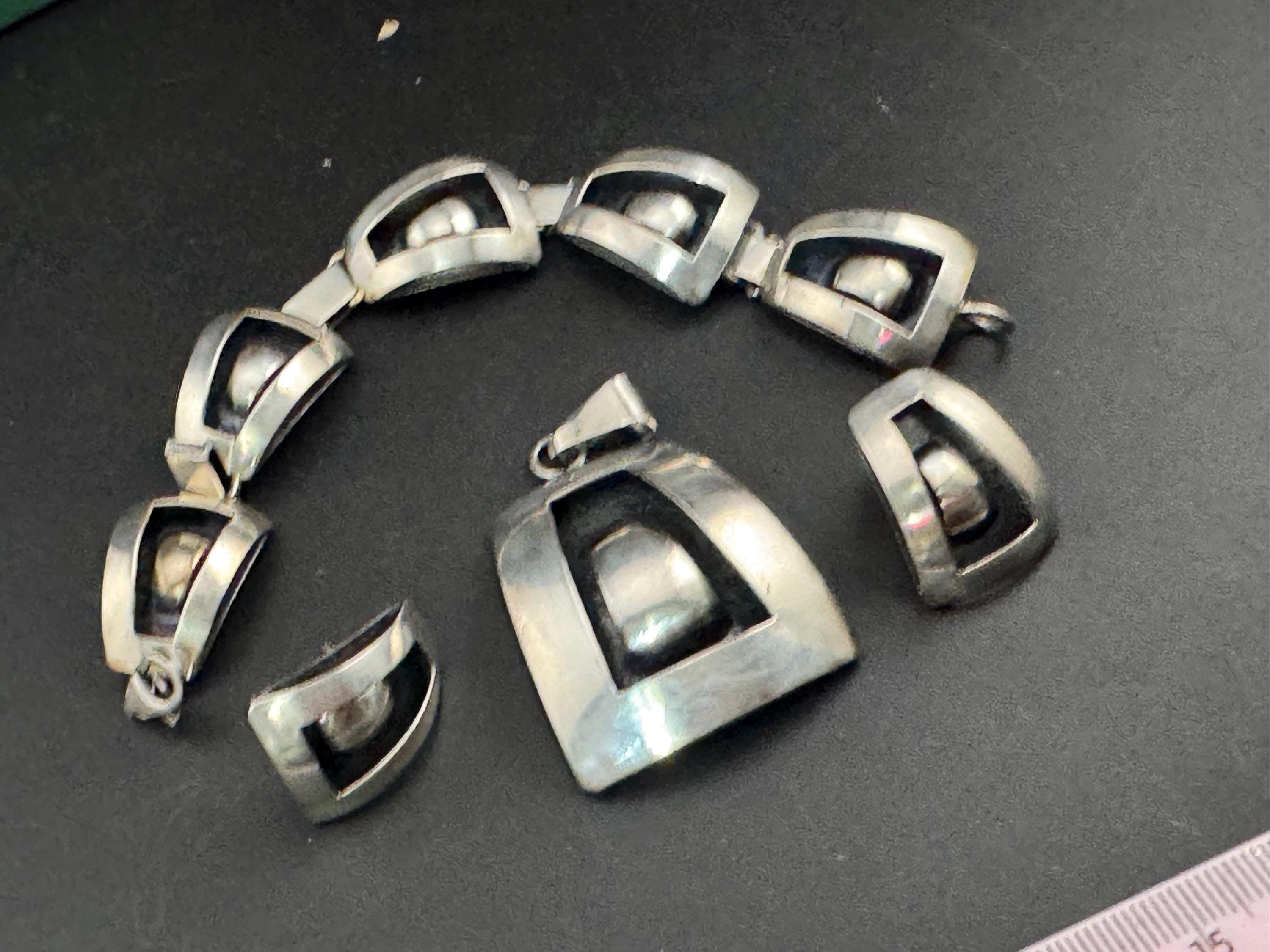 Vintage Polish 925 silver modernist jewellery set, pendant bracelet and stud earrings