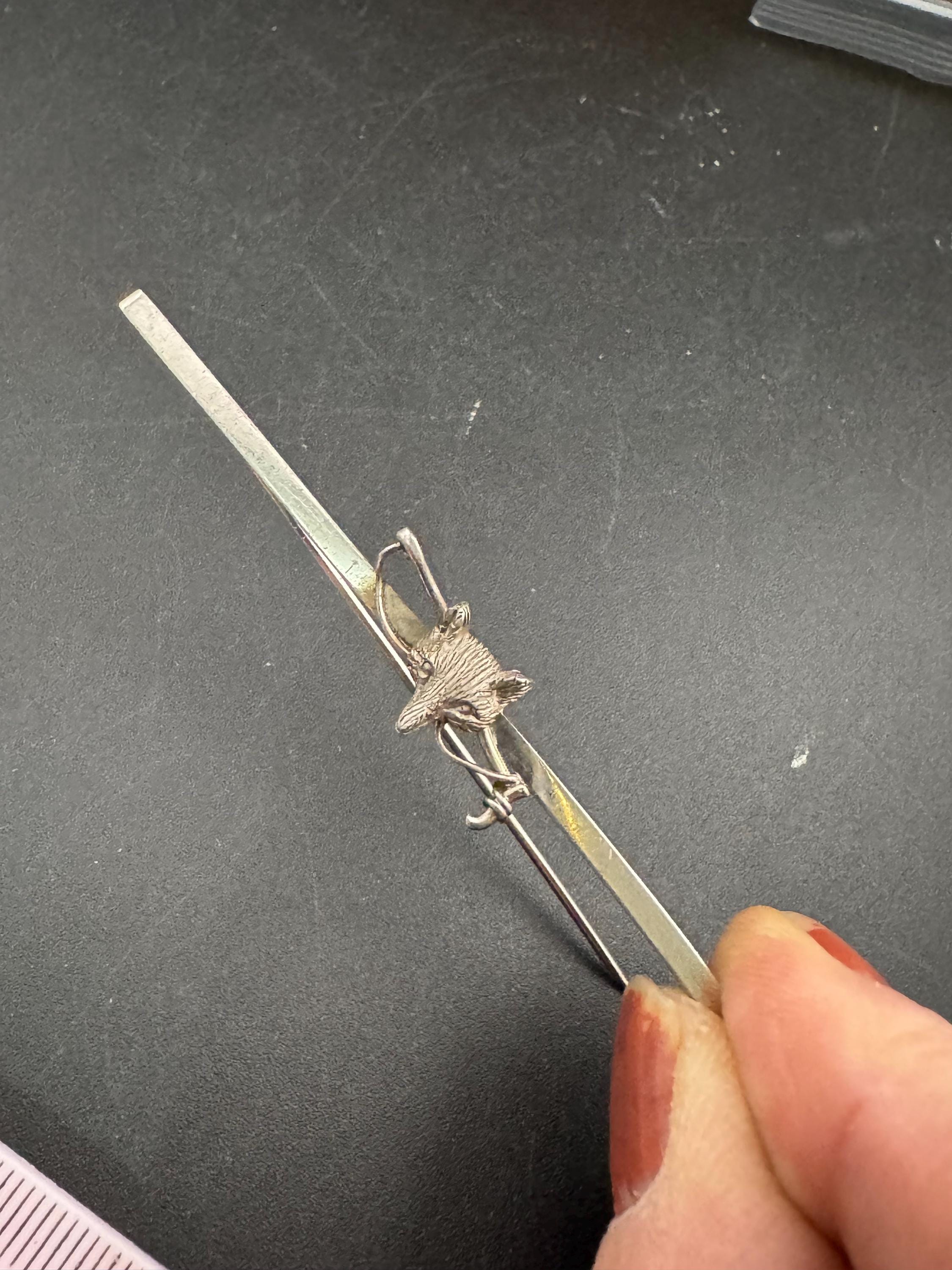 Vintage fox head long bar brooch, 925 sterling silver 7.5cm