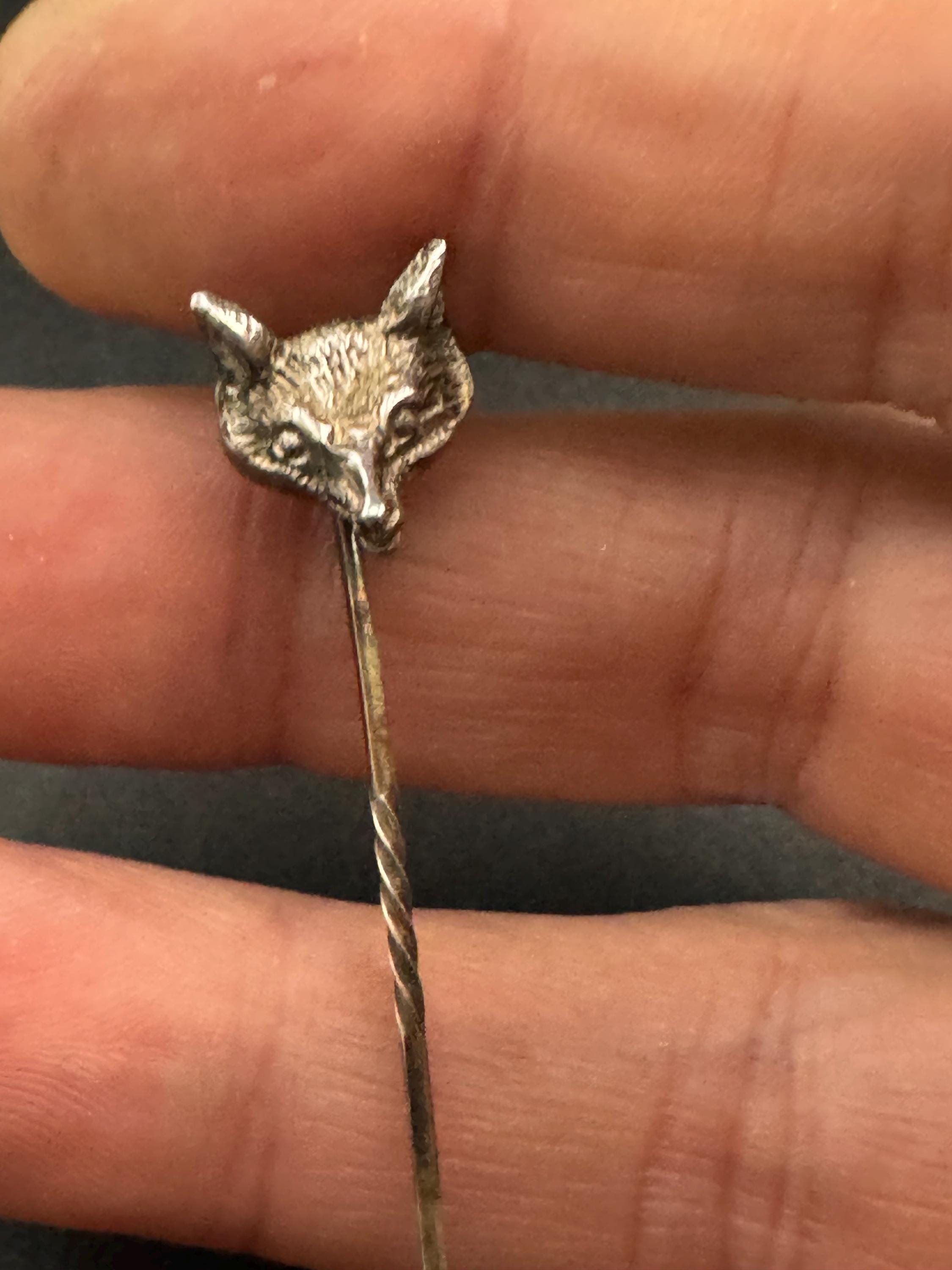 Vintage fox head stick pin brooch, 925 sterling silver