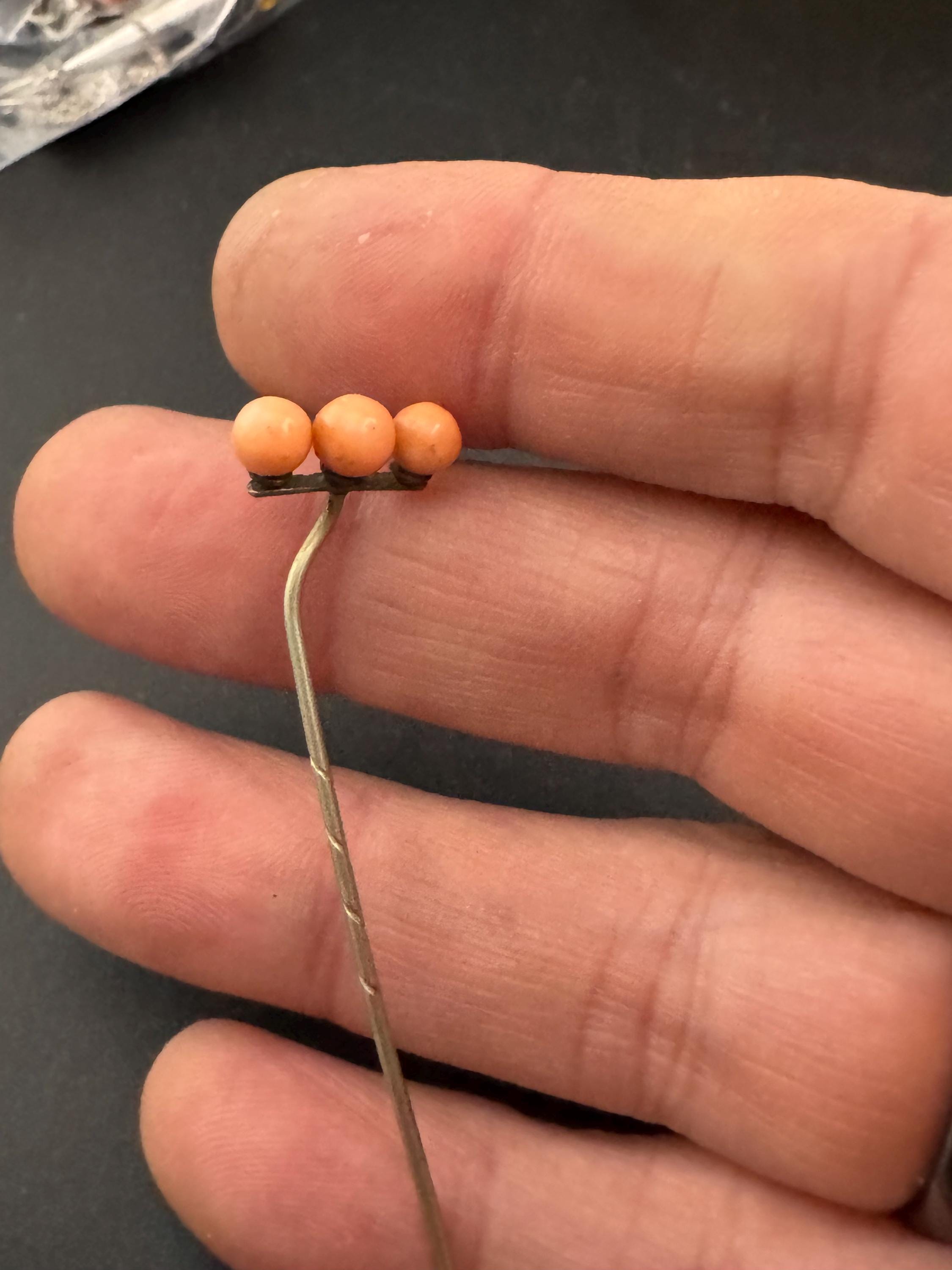 Sterling Silver Antique coral beaded Stick Pin, Victorian Edwardian 1900s 1920s