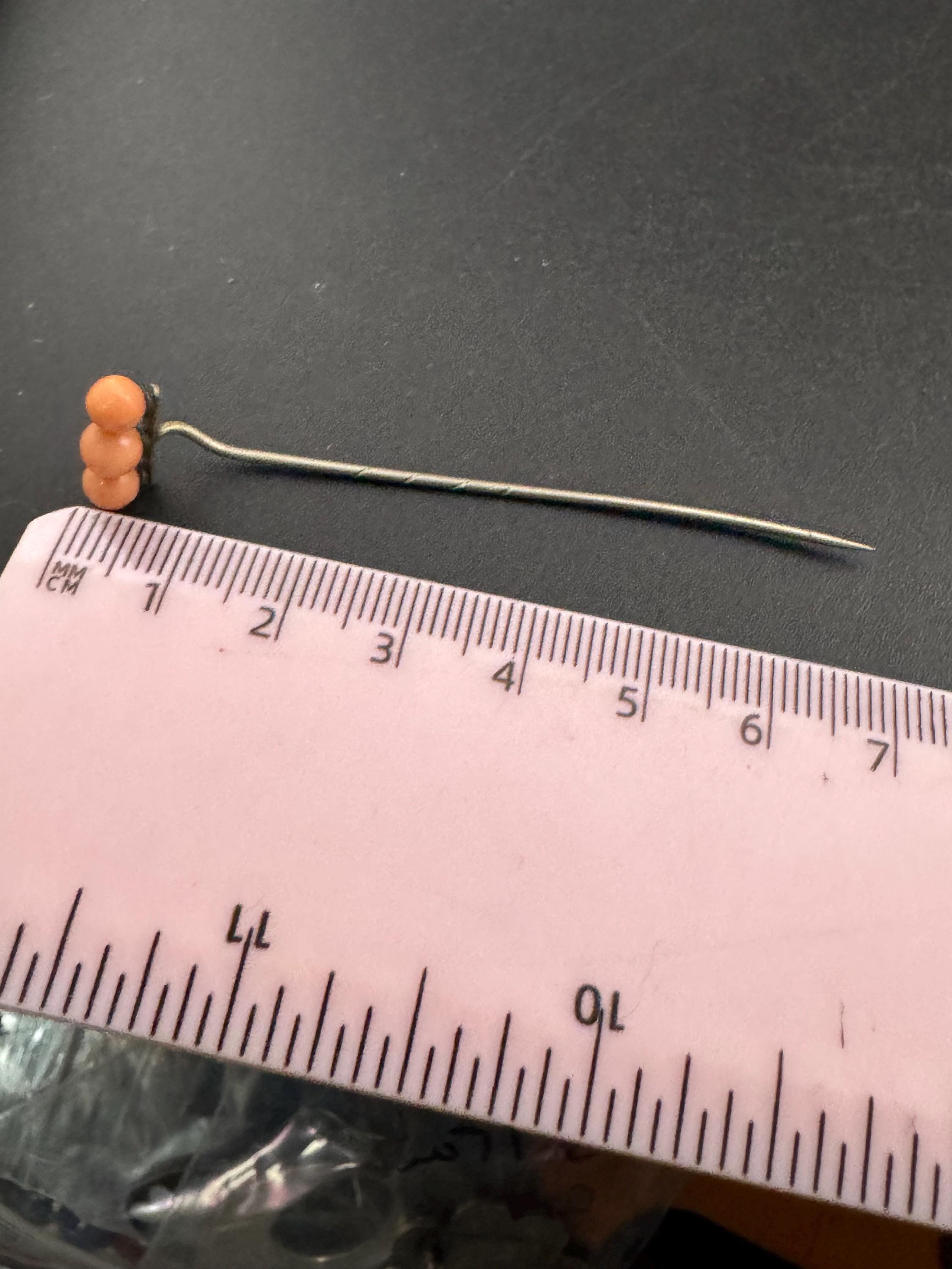 Sterling Silver Antique coral beaded Stick Pin, Victorian Edwardian 1900s 1920s